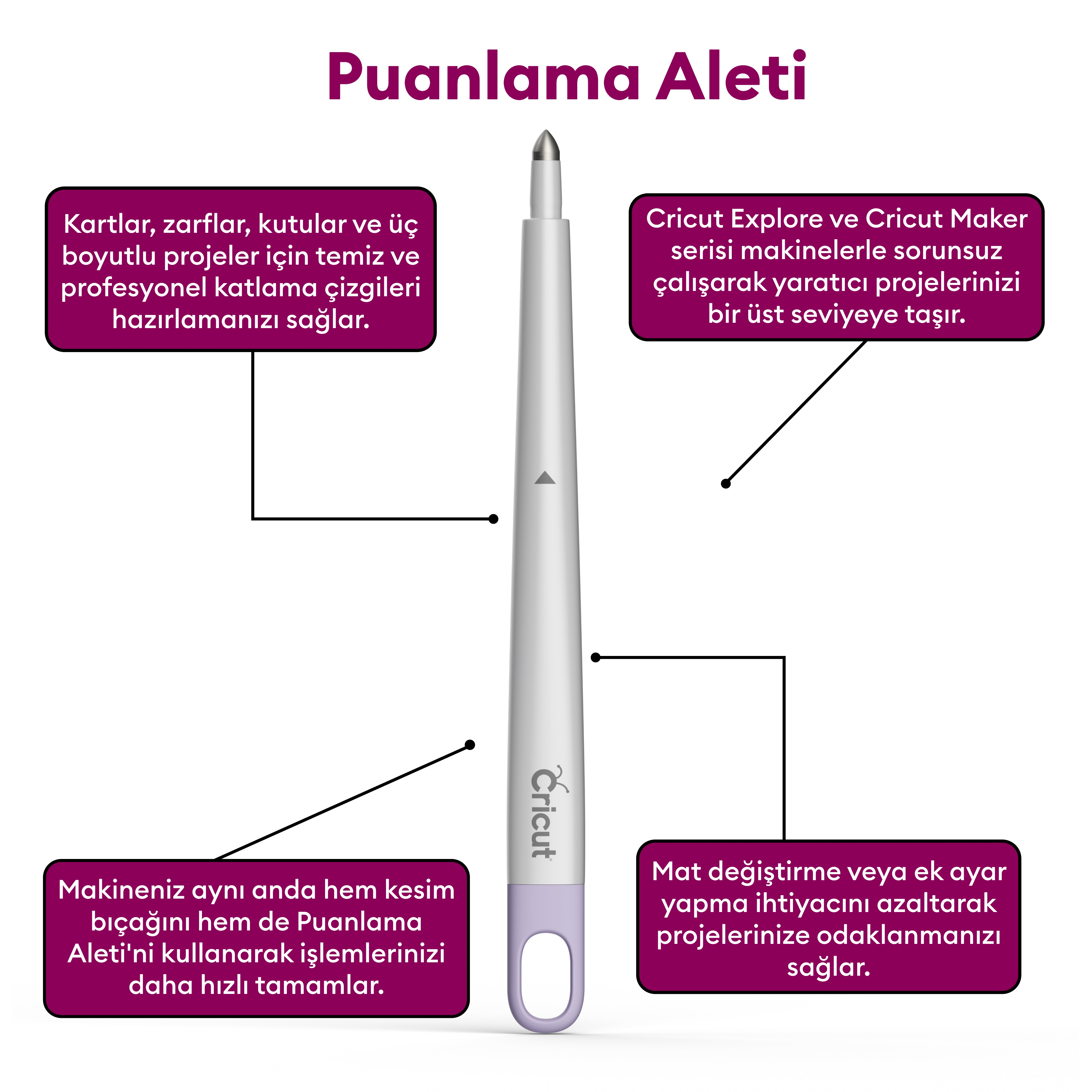Beyaz zeminde 'Cricut' logolu gümüş punteleme aleti.