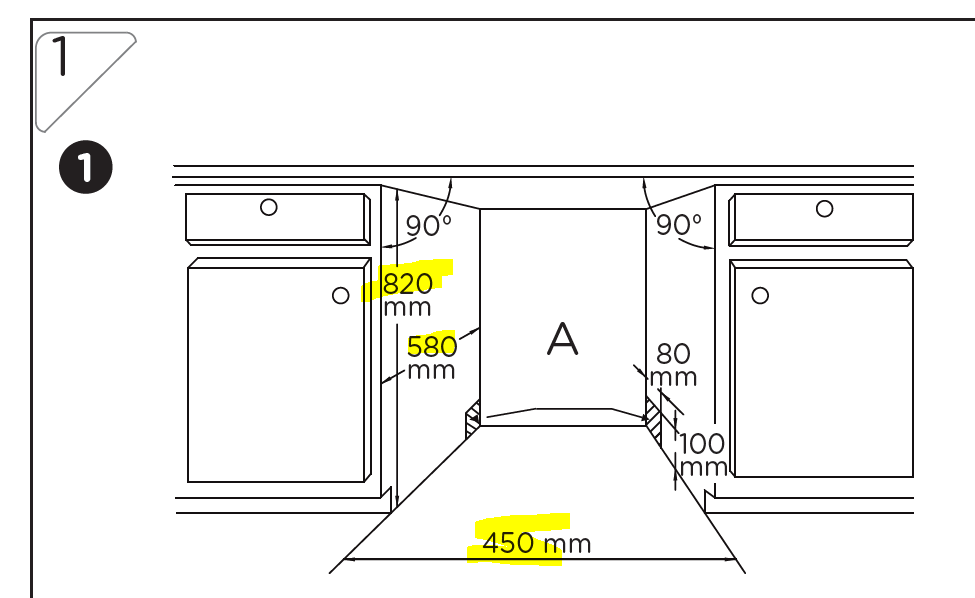 Diagramm zeigt Einbaumaße für Schrank mit Schubladen und Türen.