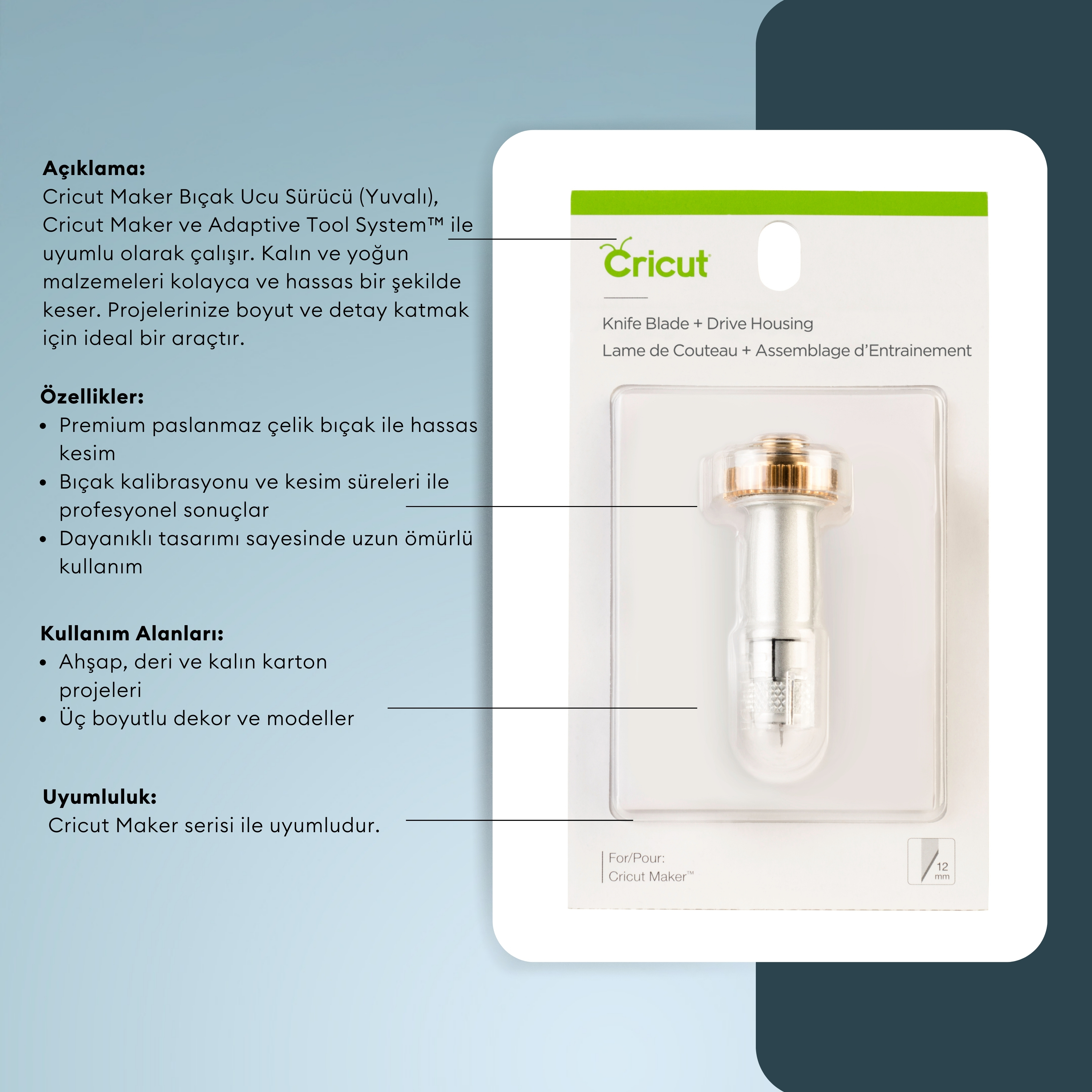 Cricut Maker Bıçak Ucu + Sürücü, kalın malzemeler için altın detaylı gümüş renkli.