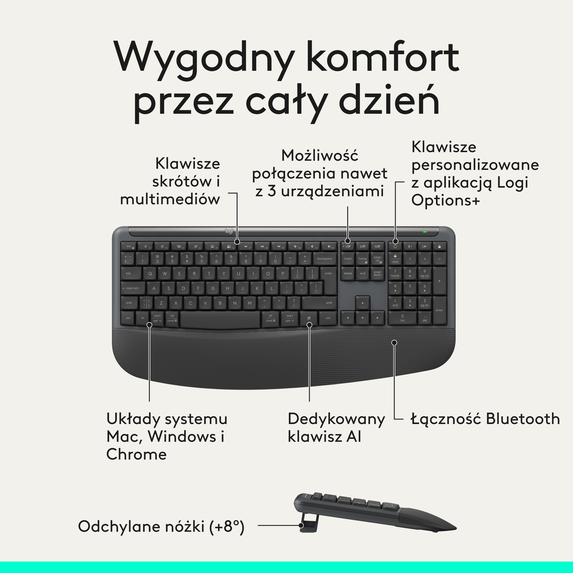 Ciemna klawiatura z etykietami klawiszy skrótów i łącznością Bluetooth.
