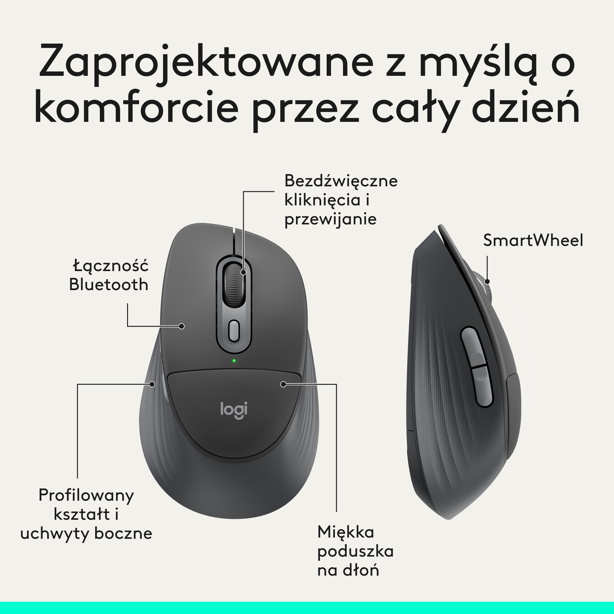 Szara mysz Logitech z etykietami: Bluetooth, SmartWheel, ciche kliknięcia i ergonomiczny kształt.