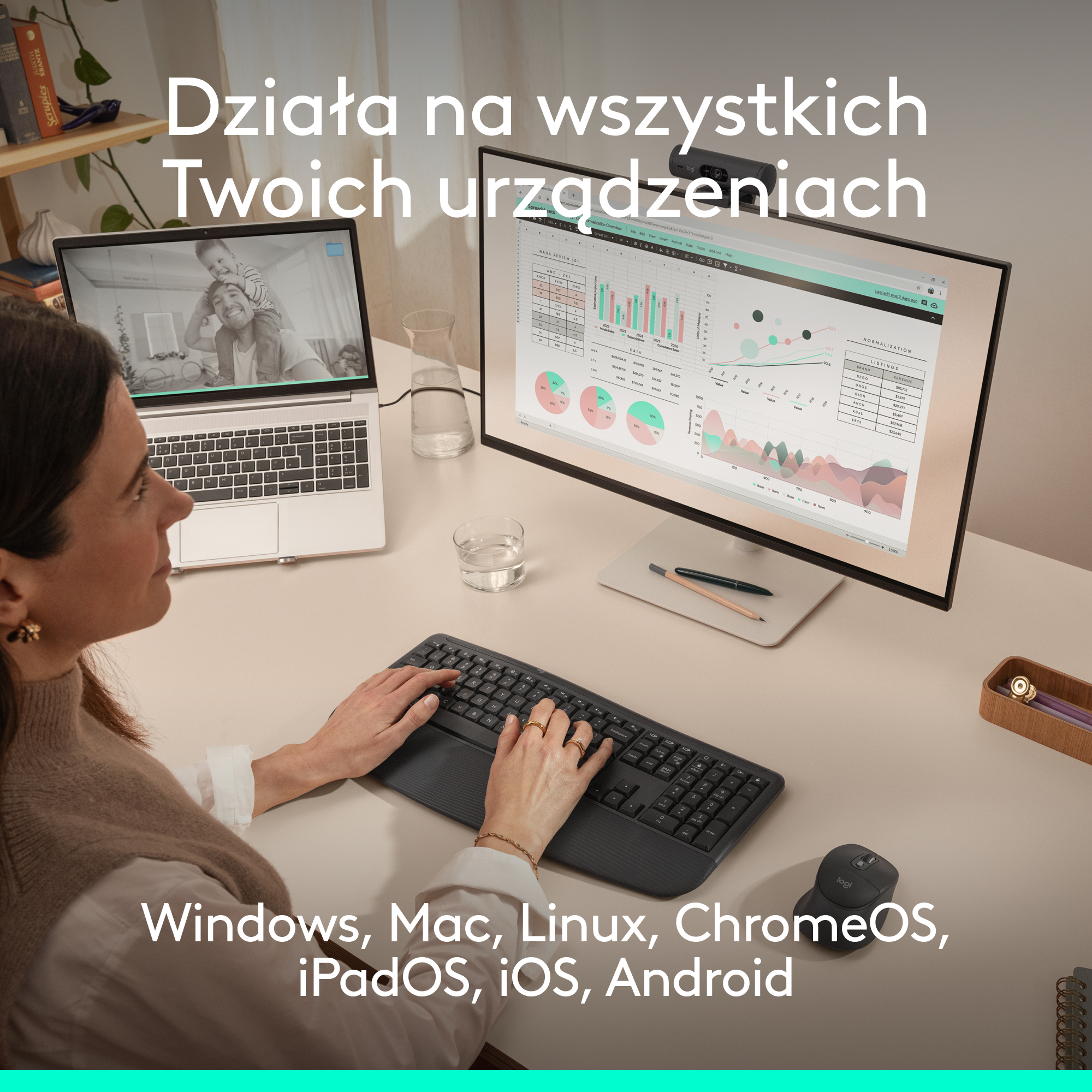 Kobieta pisze na klawiaturze, laptop i monitor wyświetlają wykresy.