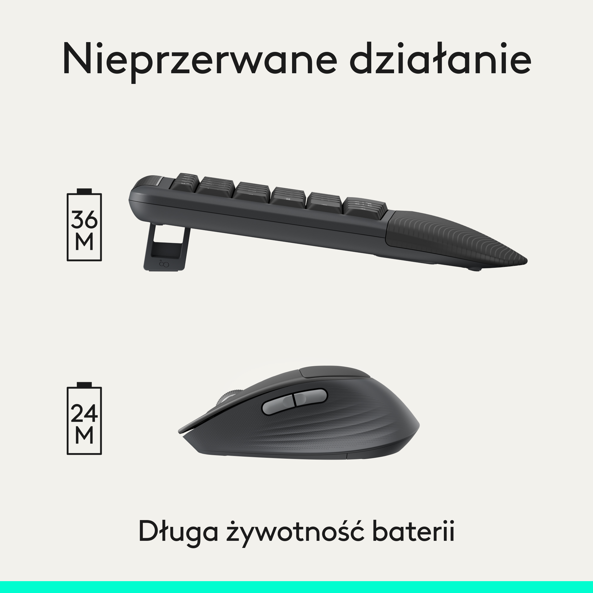 Szara klawiatura i mysz z ikonami żywotności baterii 36M i 24M.