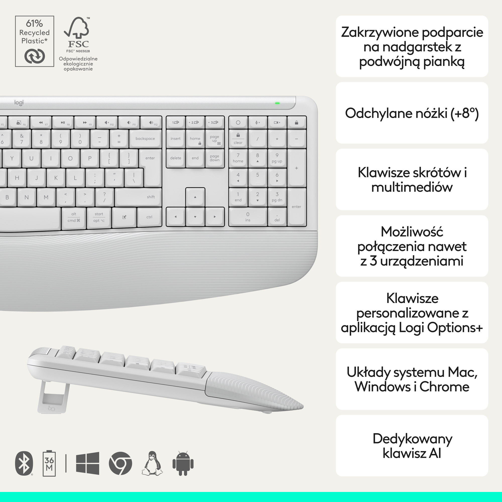Biała klawiatura z zakrzywioną podpórką na nadgarstek, z 61% plastiku z recyklingu.