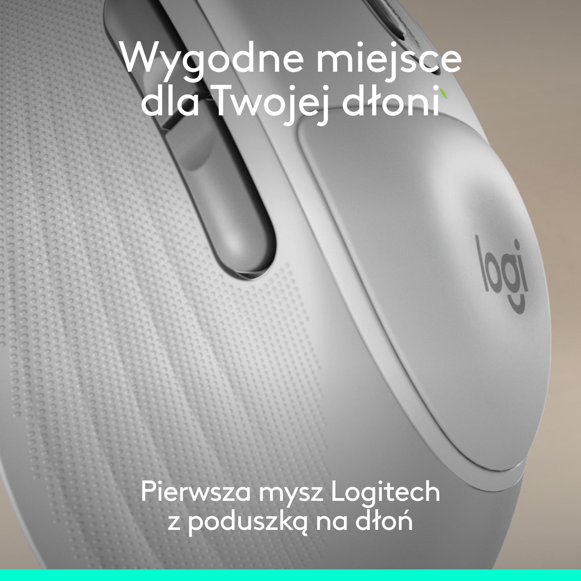 Szara mysz Logitech z tekstem. Wygodne miejsce dla Twojej dłoni.