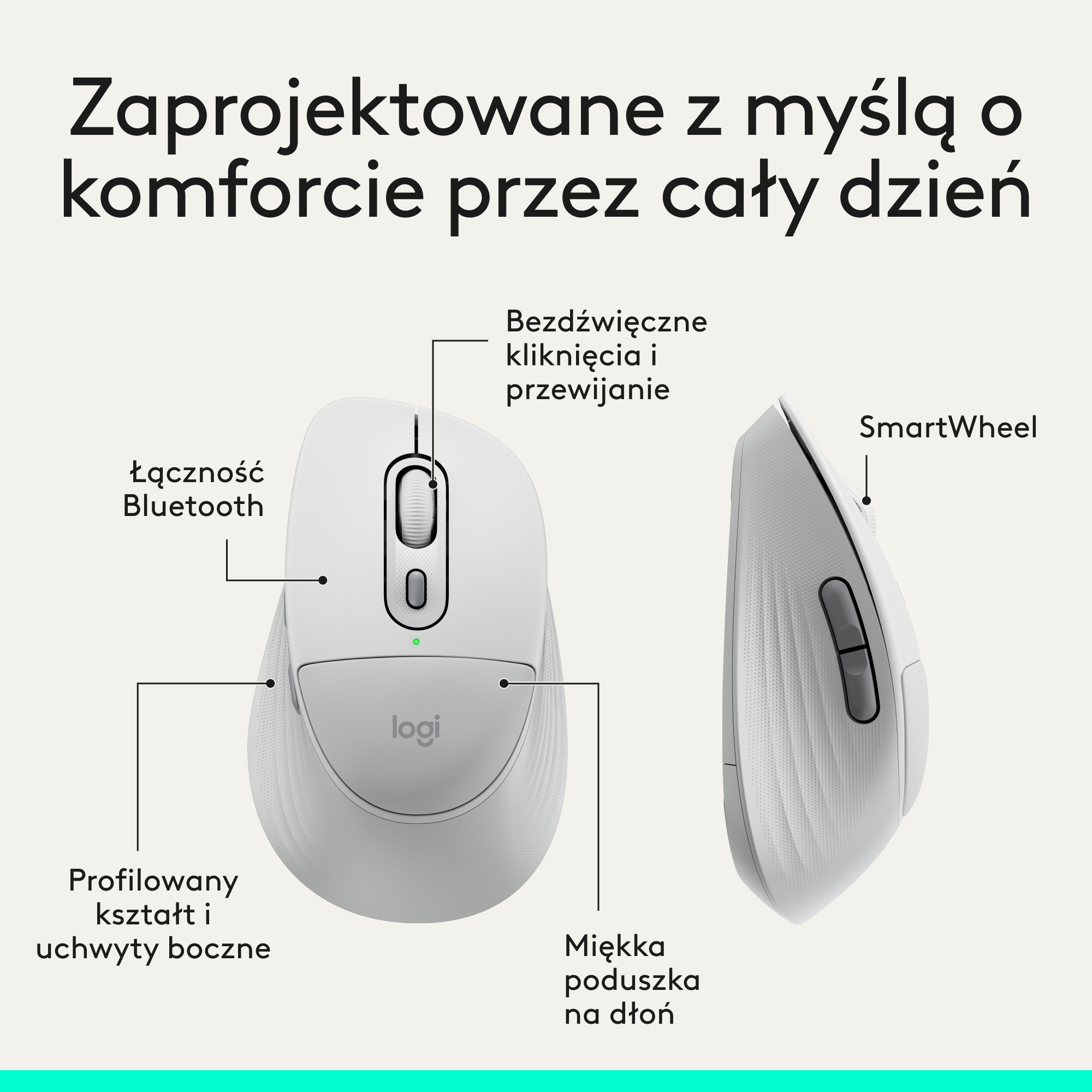Dwa białe myszy Logitech, jeden z oznaczeniem Bluetooth i cichymi kliknięciami.
