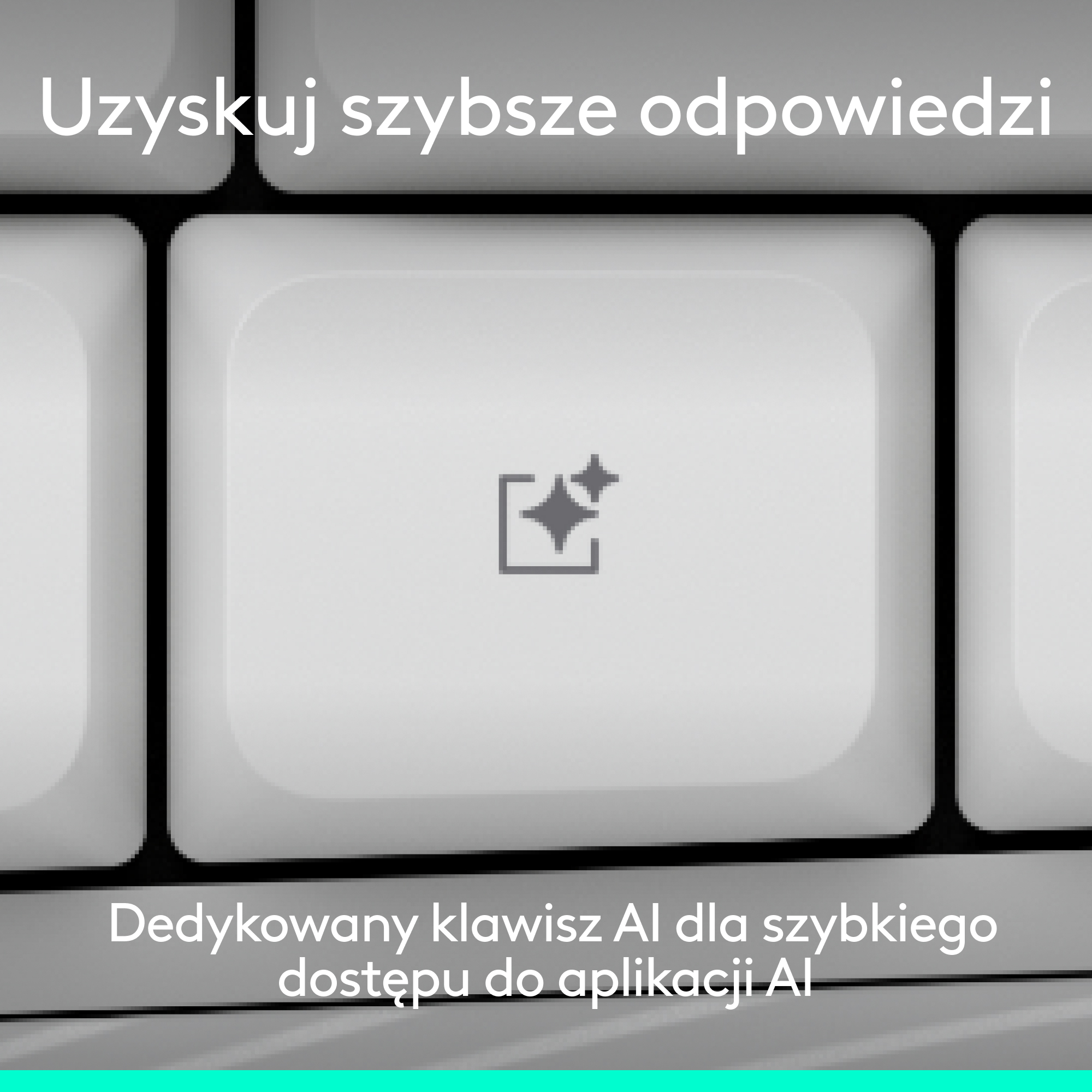Klawisz klawiatury z ikoną szybkiego dostępu AI. Tekst: Uzyskaj szybsze odpowiedzi.