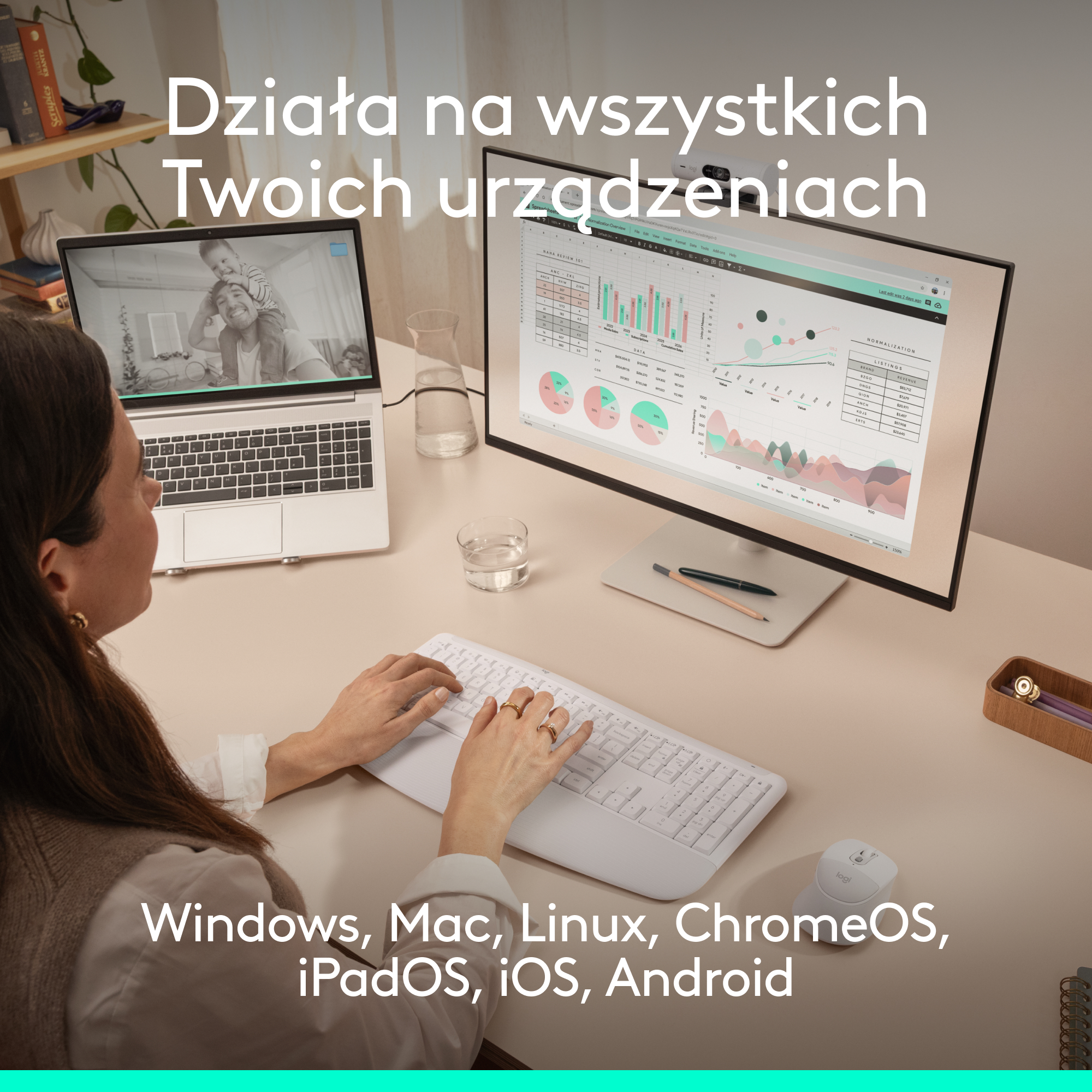 Kobieta pisze na klawiaturze przed laptopem i monitorem z wykresami.