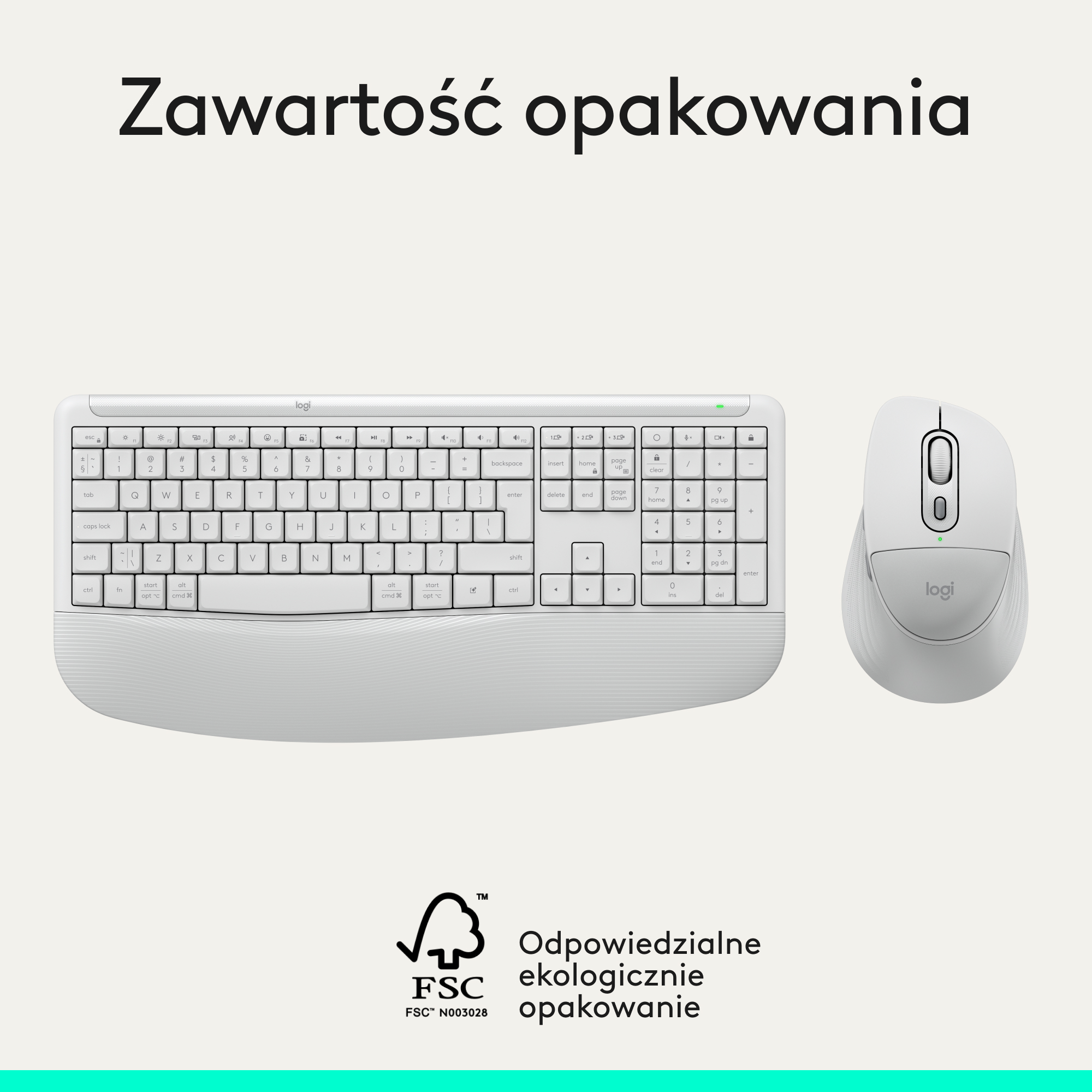 Biała klawiatura i mysz Logitech leżą obok siebie. Na dole znajduje się logo FSC.