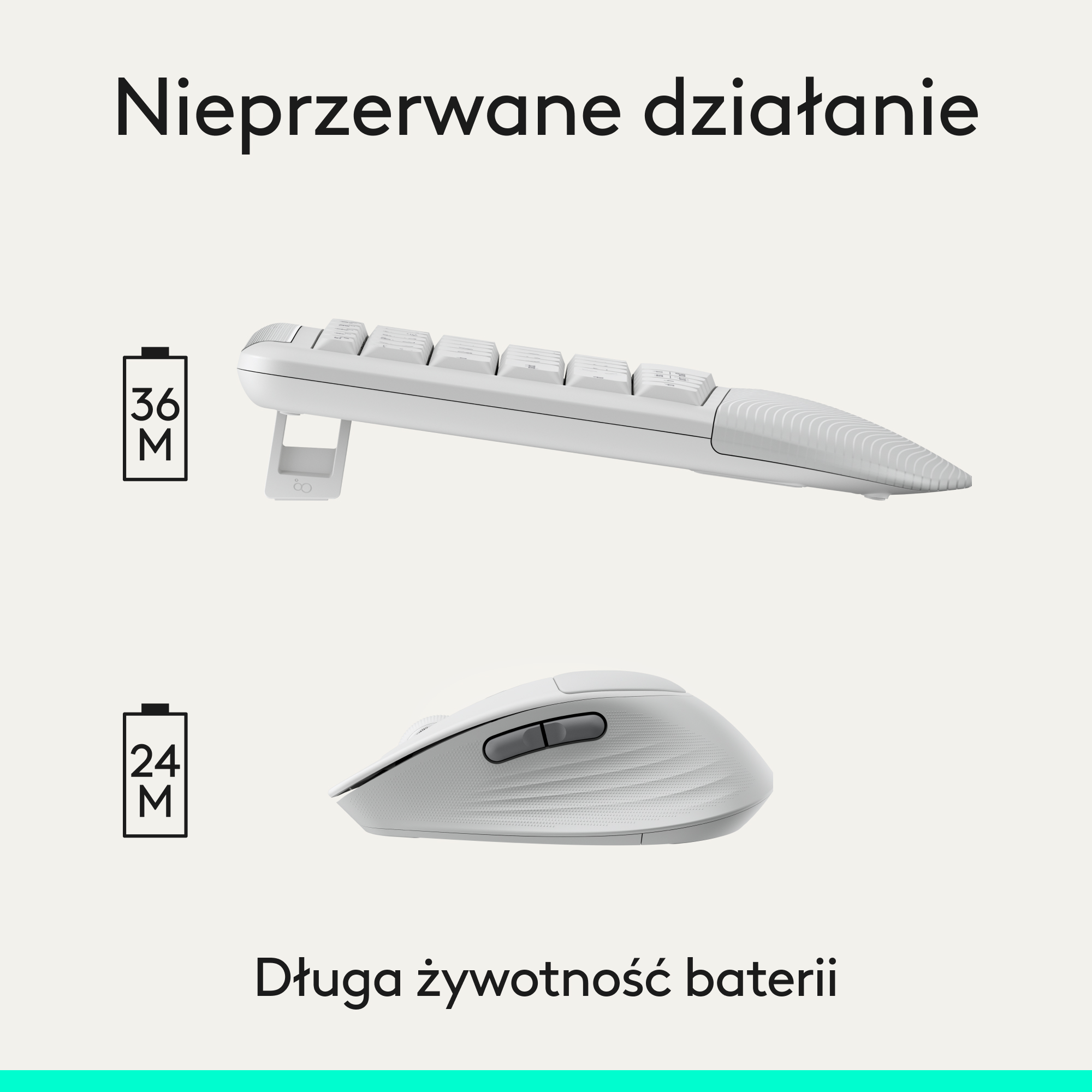 Biała klawiatura i mysz bezprzewodowa z ikonami baterii. 36M klawiatura, 24M mysz.