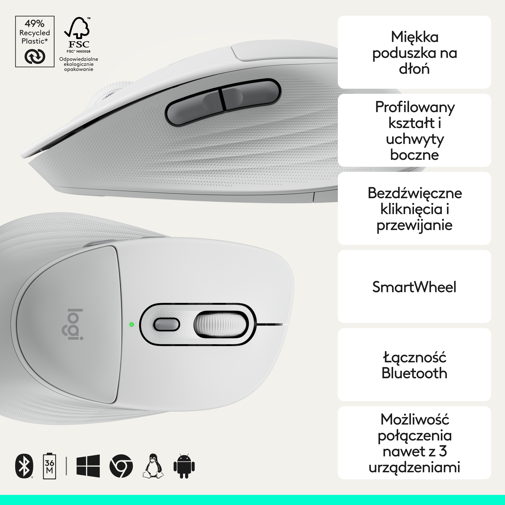 Biała myszka Logitech z kółkiem i przyciskami. 49% plastiku z recyklingu.