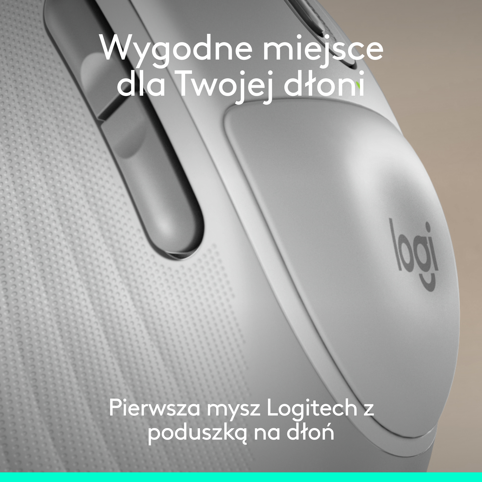 Szara mysz Logitech z tekstem i logo. Zbliżenie.