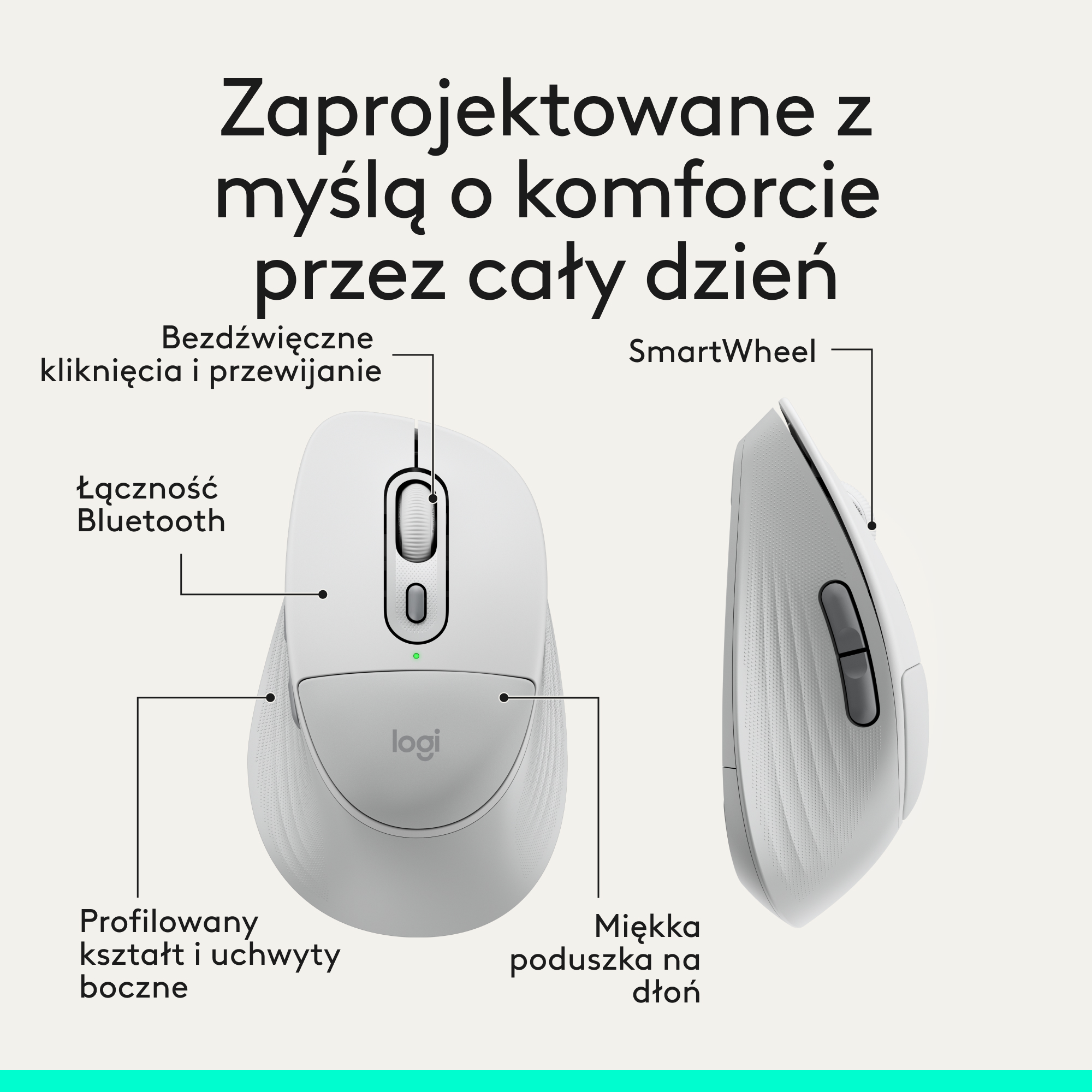 Biała mysz Logitech z etykietami SmartWheel, Bluetooth i cechami ergonomicznymi.