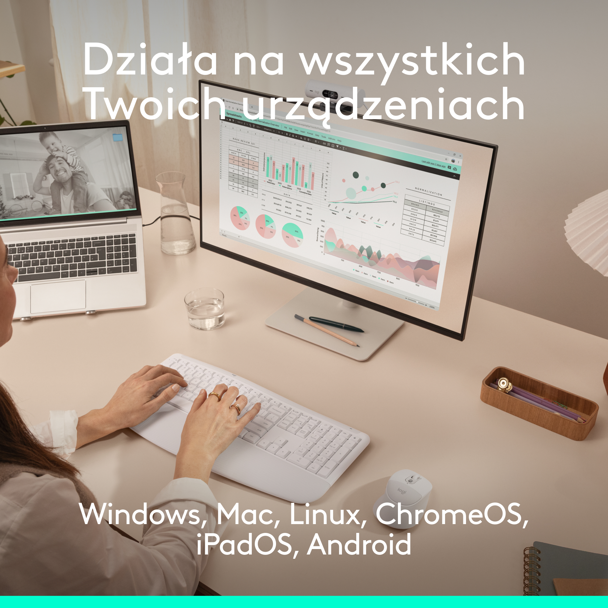 Osoba pisze na klawiaturze. Na biurku laptop, monitor z arkuszami kalkulacyjnymi i mysz.