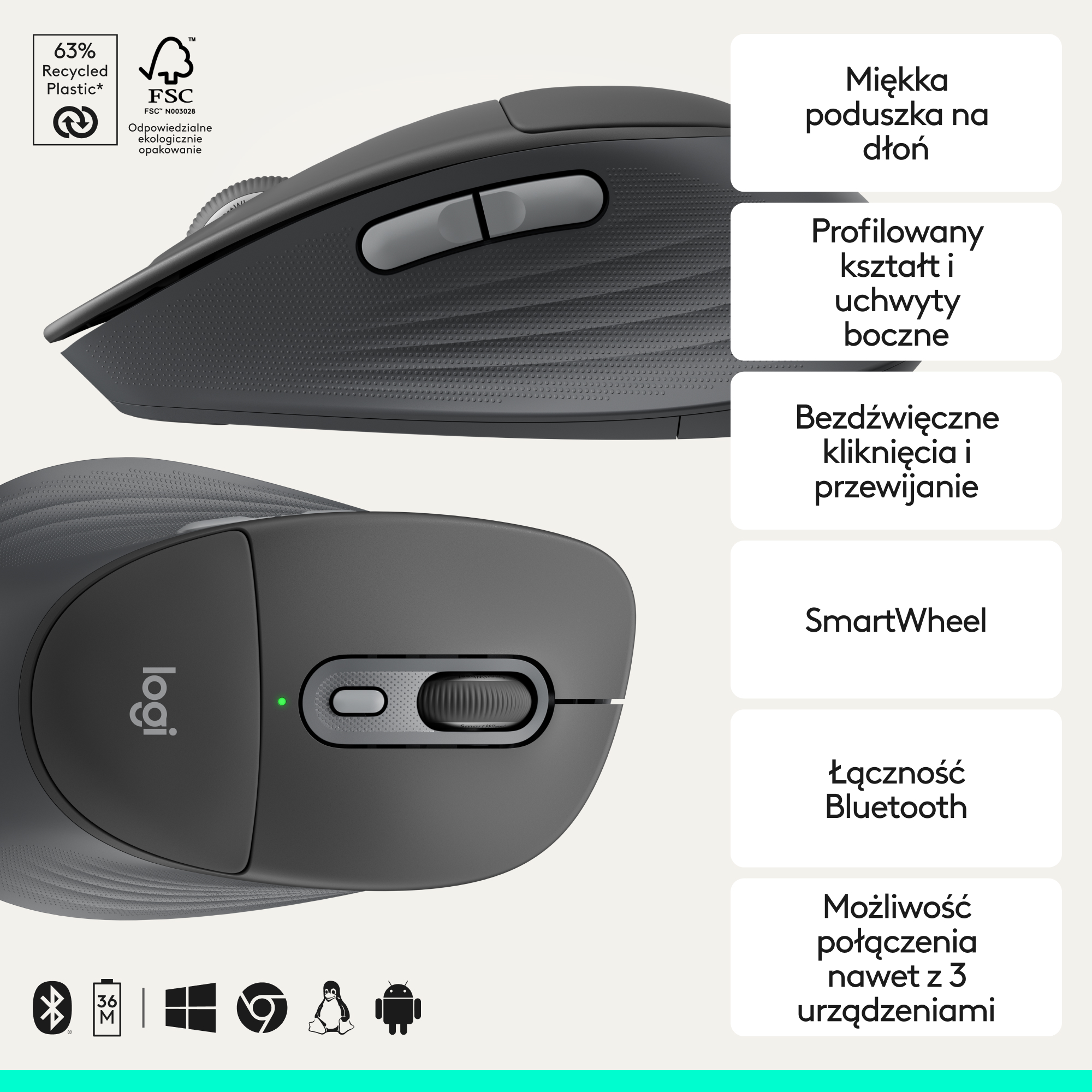 Trzy widoki ciemnej myszy Logitech, podkreślające ergonomię i funkcje.