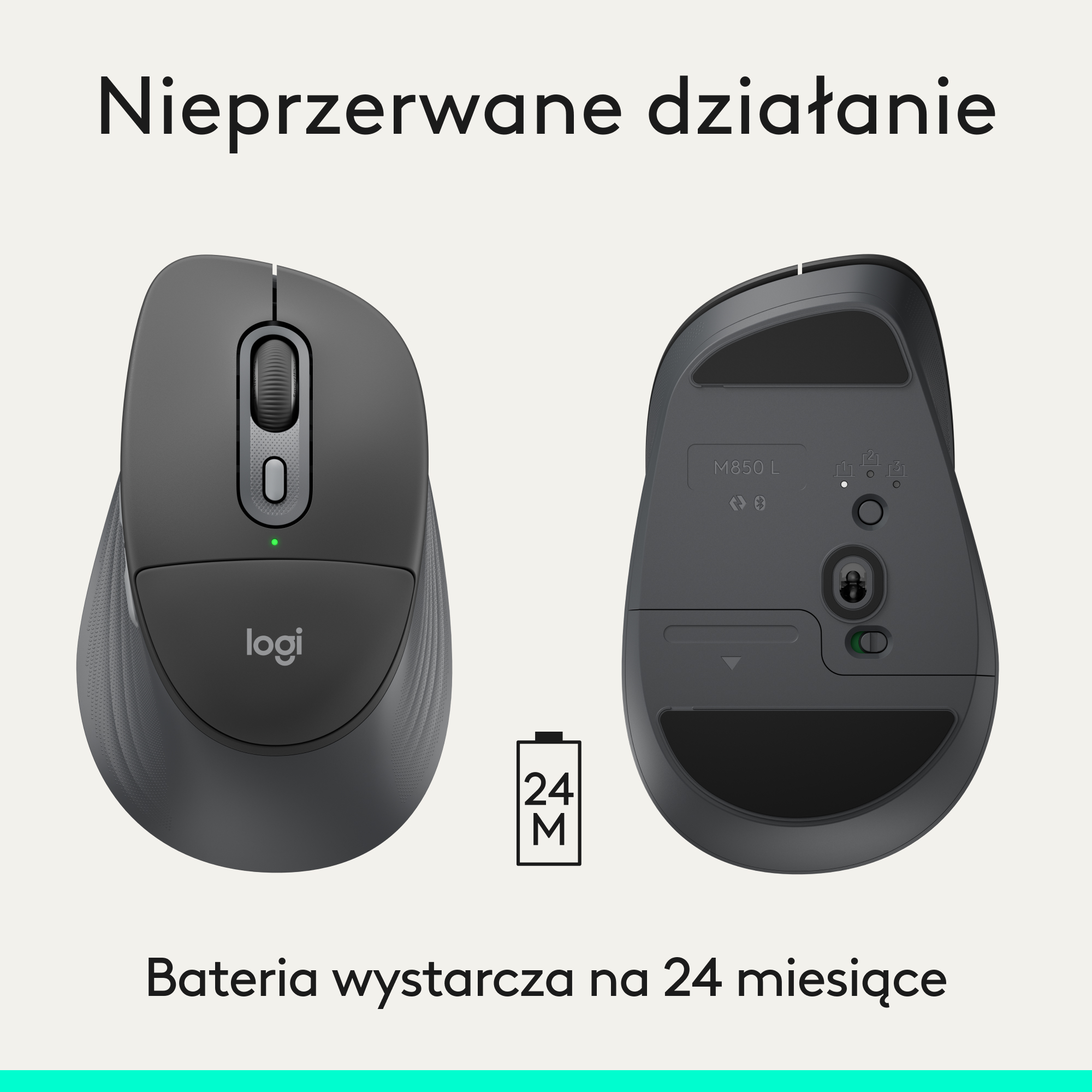 Szara mysz Logitech, widok z przodu i tyłu, z ikoną baterii 24M.