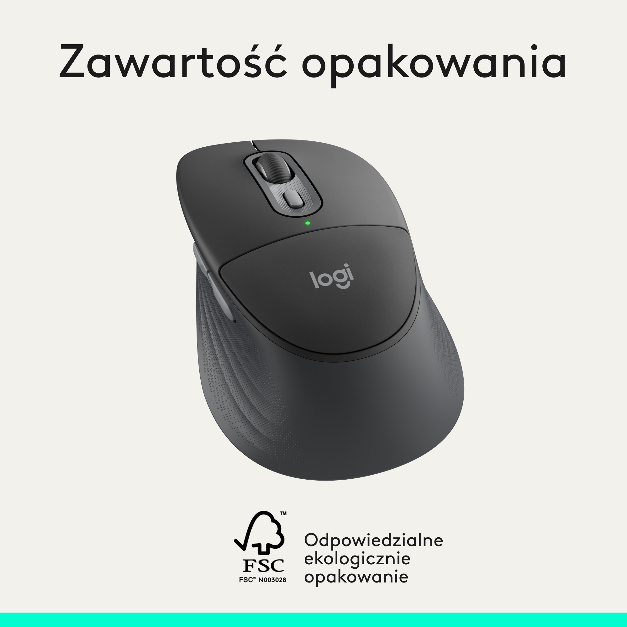 Czarna mysz Logitech z kółkiem przewijania i zieloną diodą LED, na jasnym tle.