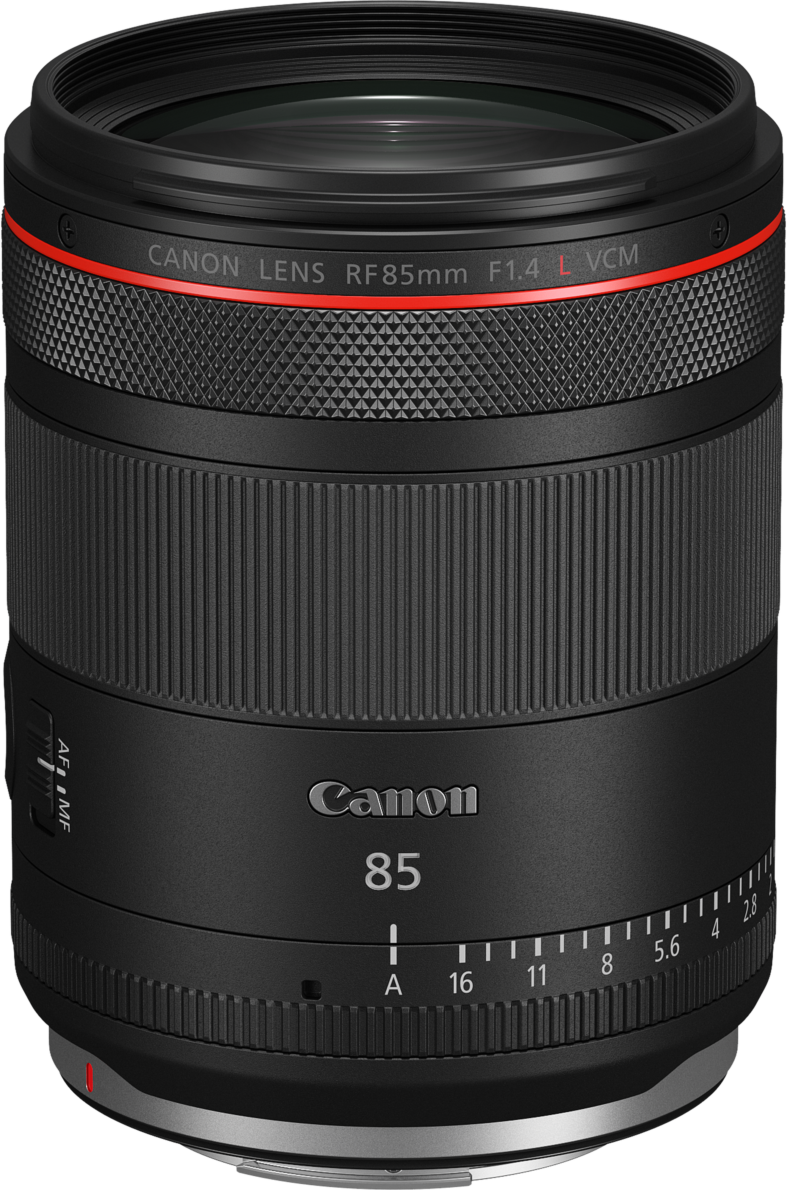Obiettivo Canon RF 85mm F1.4 L VCM nero con anello rosso e ghiera messa a fuoco/diaframma.