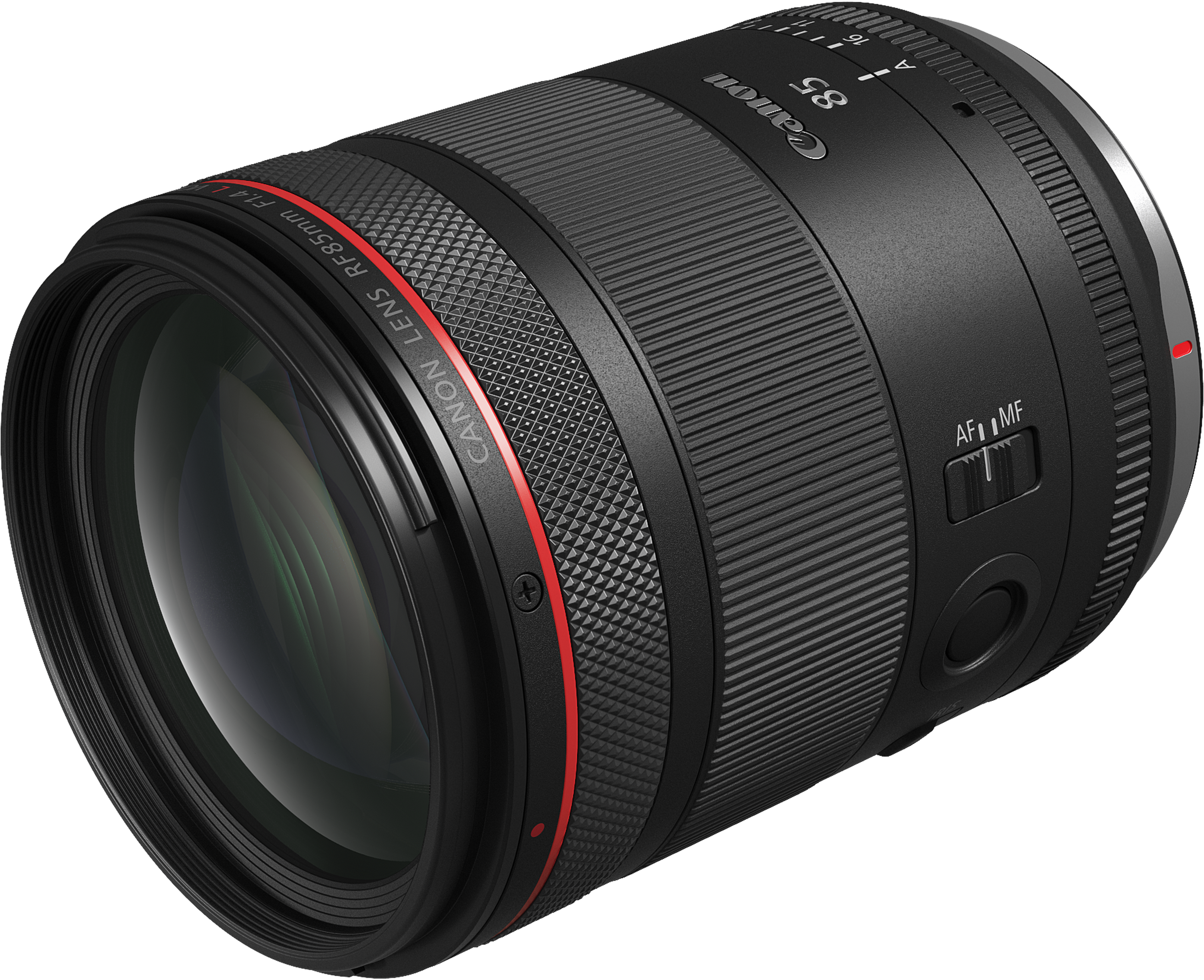 Un obiettivo Canon RF 85mm F1.4 L nero con ghiera di messa a fuoco e ghiera diaframma.