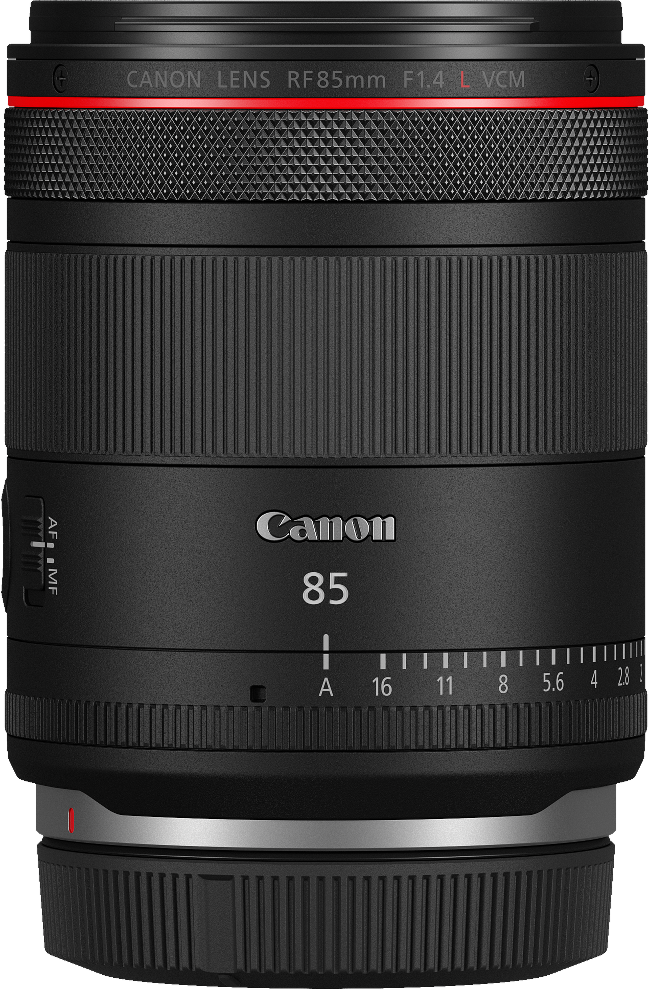 Un obiettivo Canon RF 85mm F1.4 L VCM nero con ghiere di messa a fuoco e apertura.