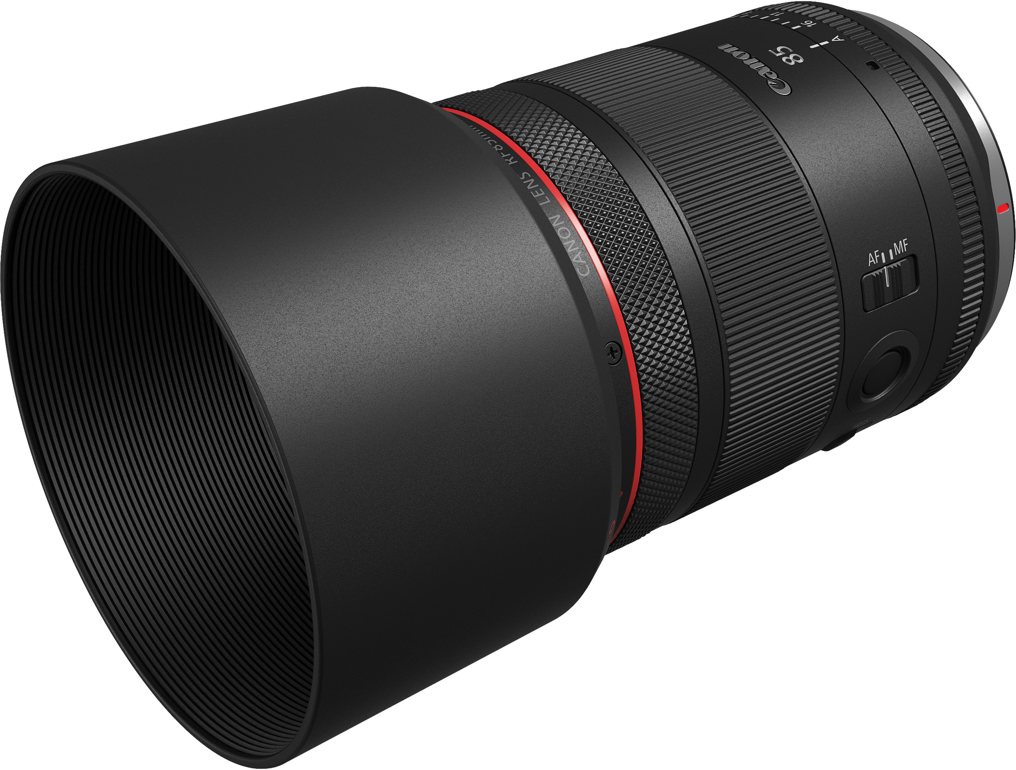 Un obiettivo macro Canon RF 85mm F2 nero con paraluce, isolato su sfondo nero.