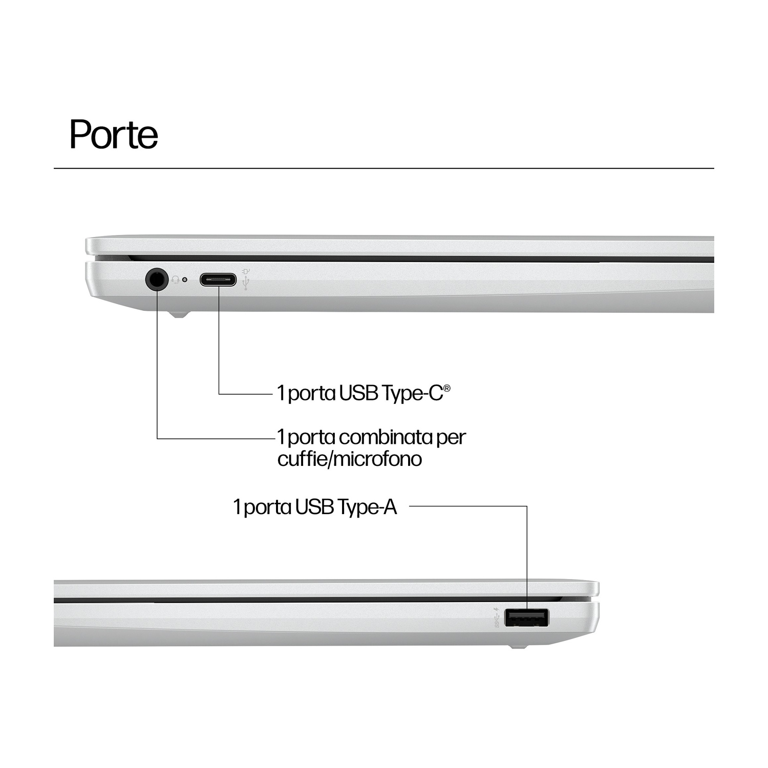 Vista laterale del laptop con porte: USB-C, cuffie/microfono e USB-A.