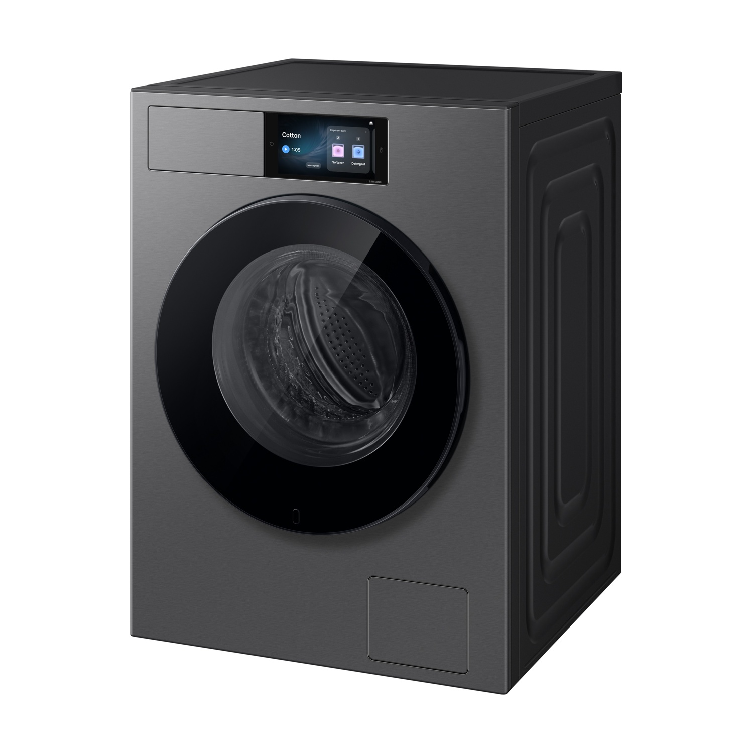 Una moderna lavatrice grigio scuro con display digitale e una grande porta rotonda.
