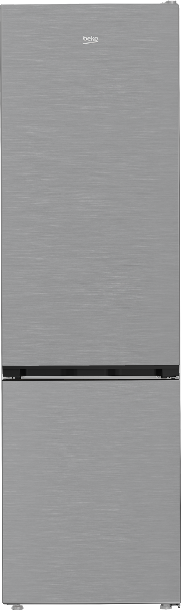Grauer Beko Kühlschrank mit gebürsteter Oberfläche und schwarzem Griff.