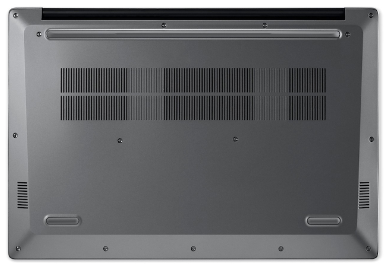 Parte inferior de un portátil gris con rejillas de ventilación y tornillos.