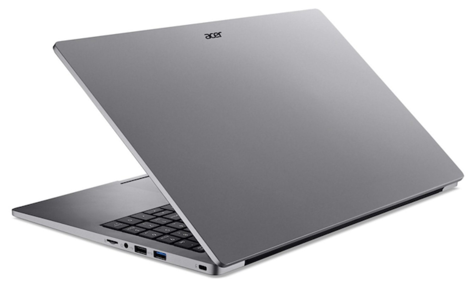 Un portátil plateado Acer con la pantalla abierta, mostrando el teclado y los puertos.