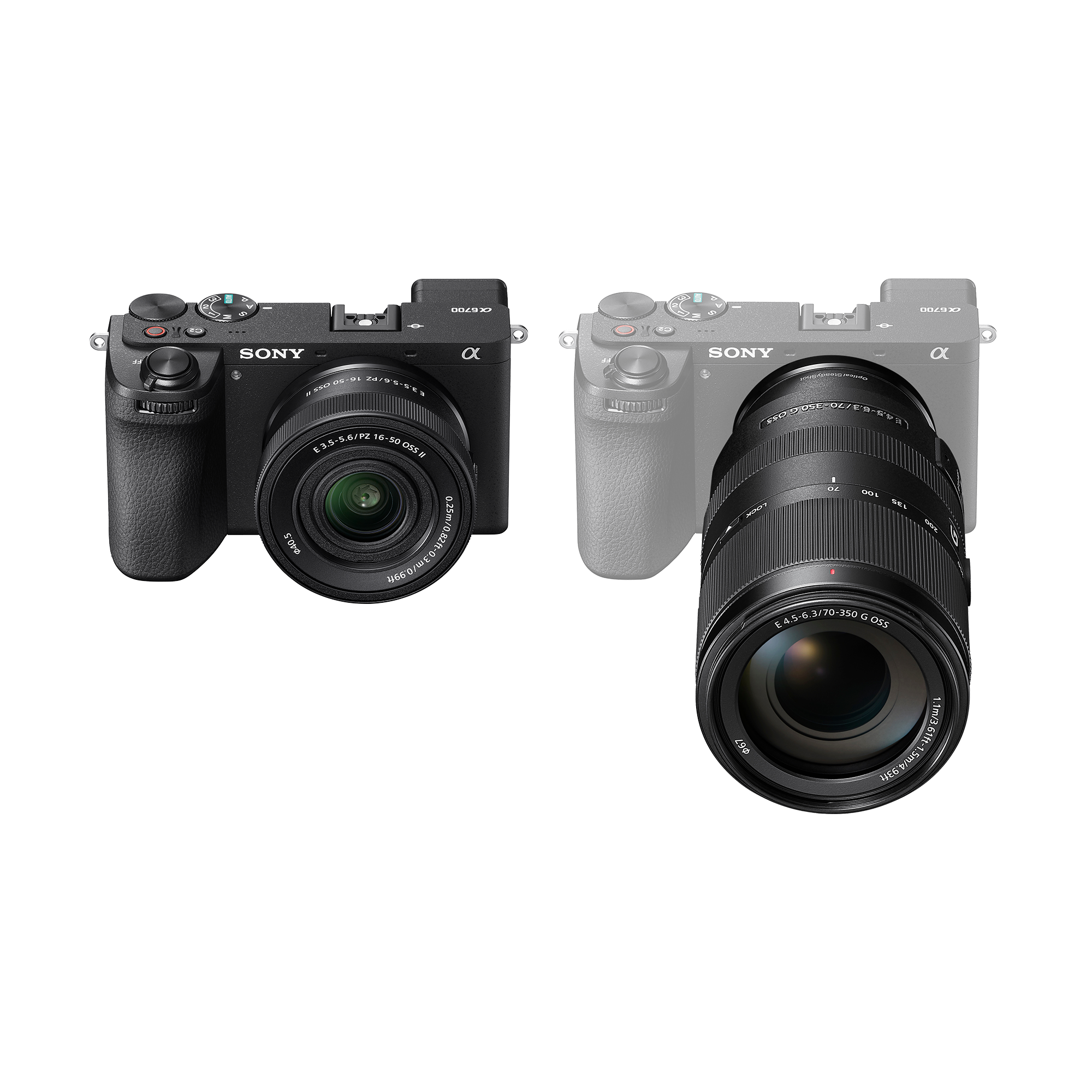Deux appareils photo Sony avec objectifs sur fond blanc.