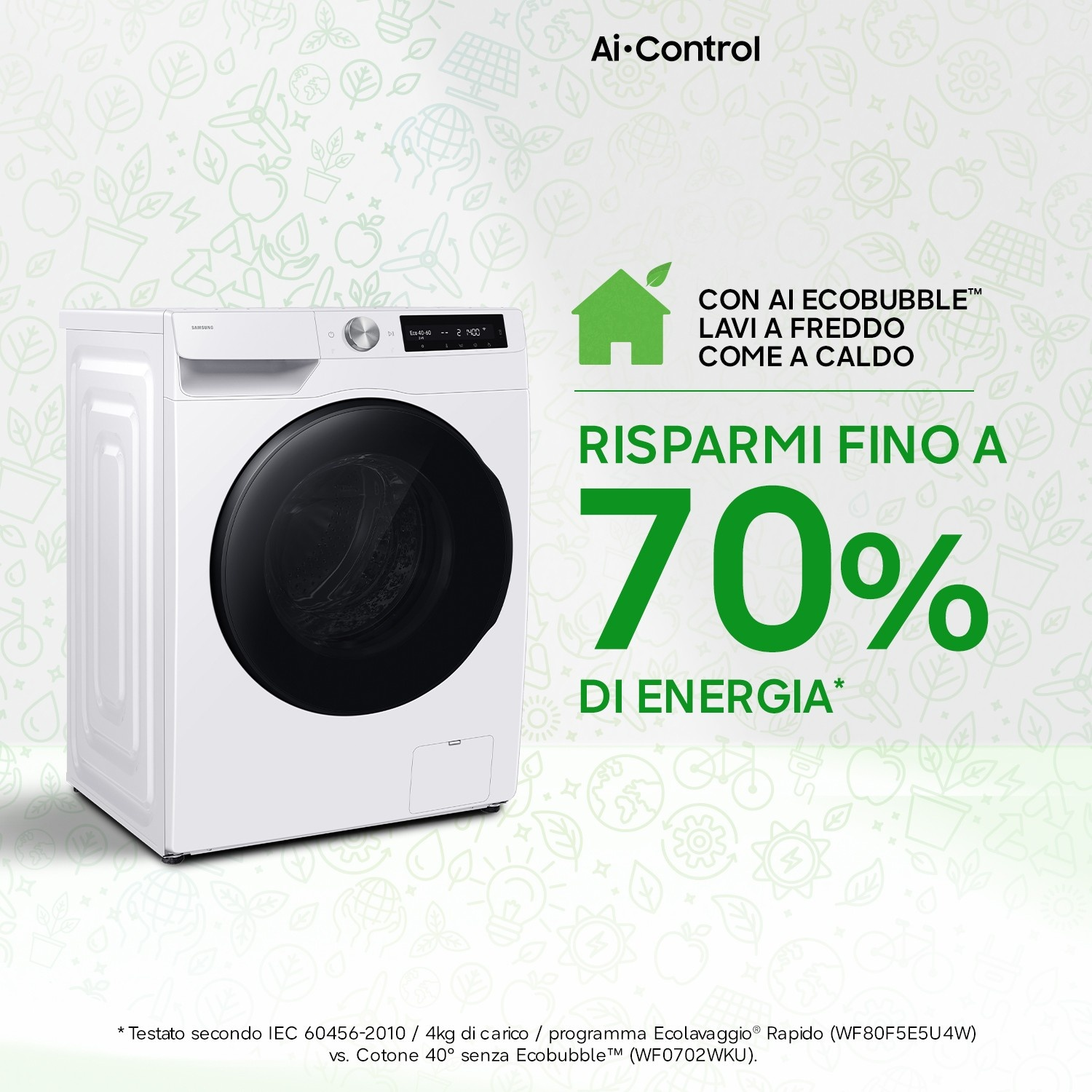Una lavatrice bianca con oblò nero, che fa risparmiare energia.