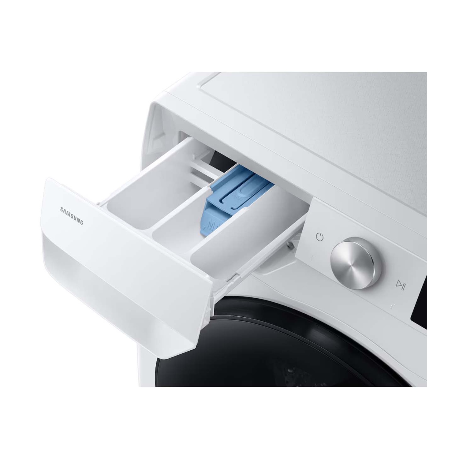 Dispenser detersivo bianco per lavatrice con inserto blu.