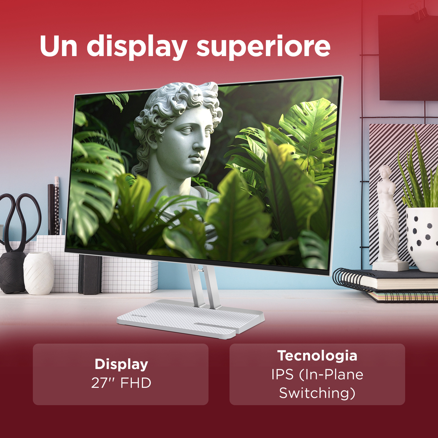 Un monitor con statua e piante. Specifiche elencate sotto.
