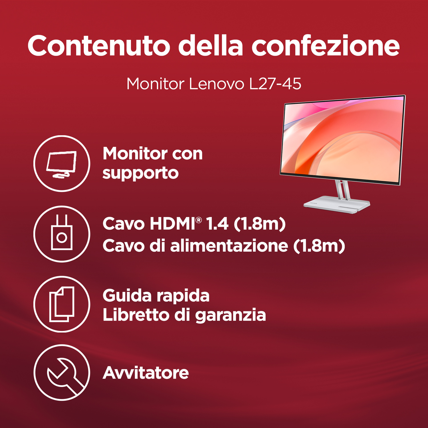 Contenuto della confezione: Monitor con supporto, cavo HDMI, cavo alimentazione, manuale, cacciavite.