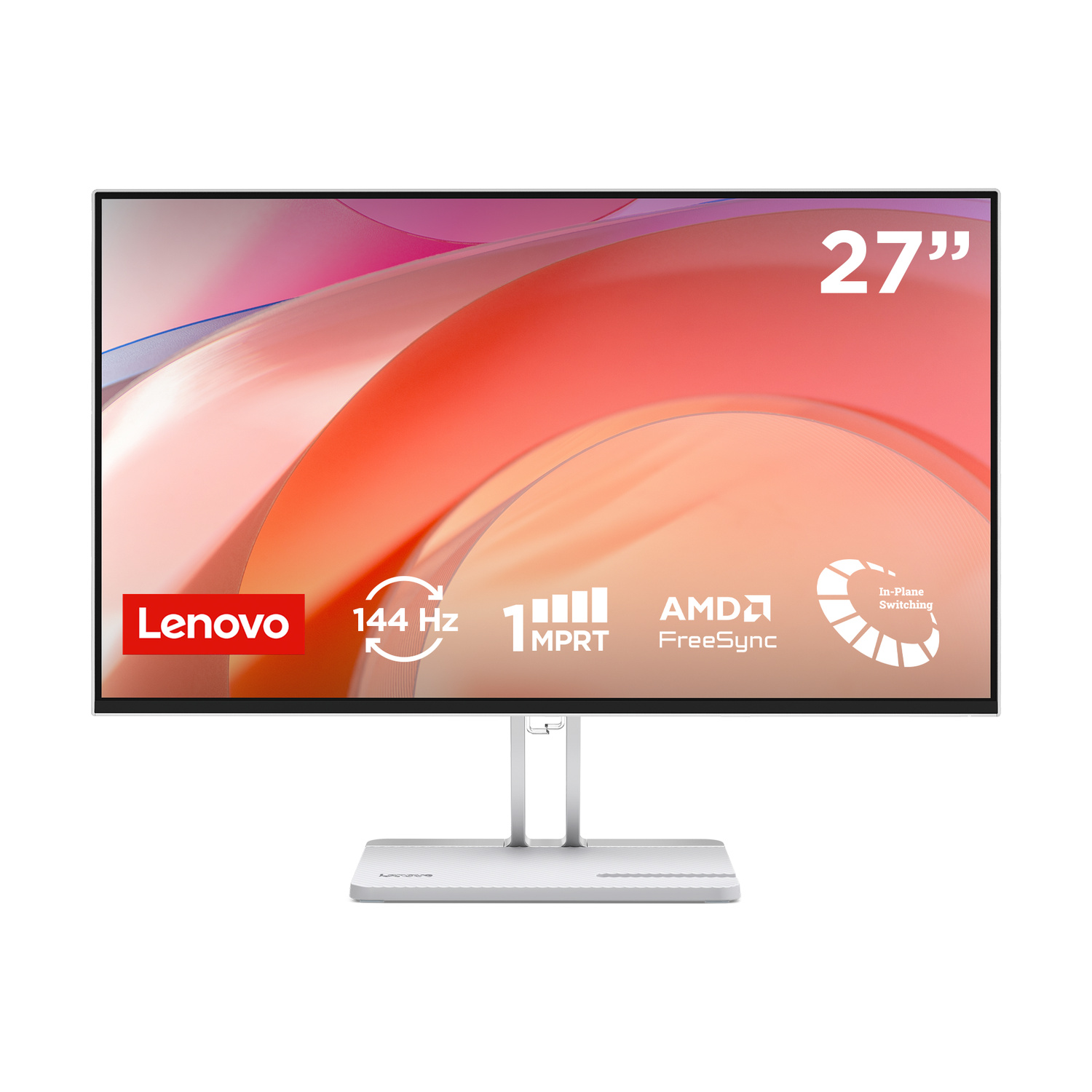 Monitor Lenovo argento da 27 pollici, 144 Hz, AMD FreeSync, sfondo astratto.
