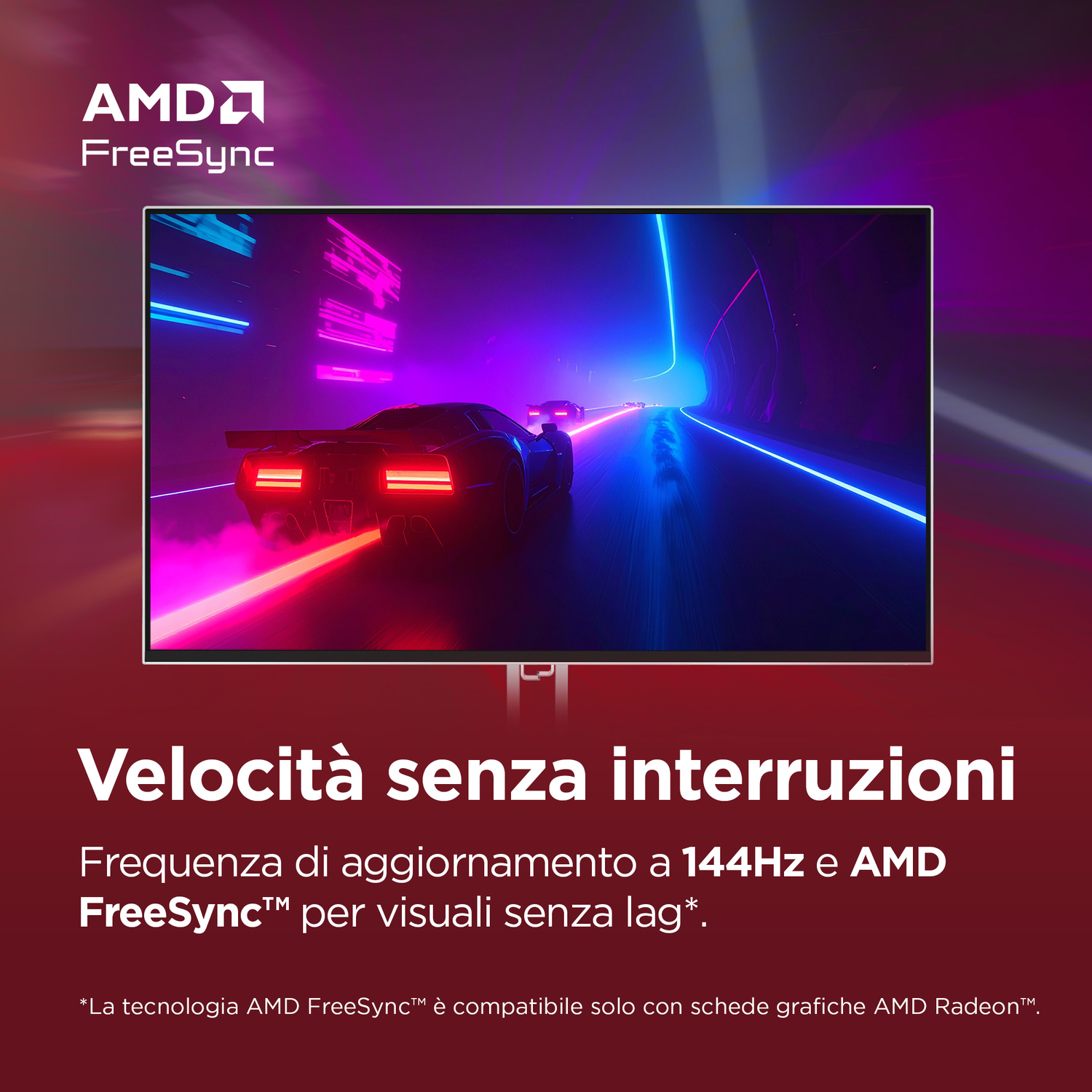 Un'auto da corsa attraversa un tunnel illuminato al neon. Logo AMD FreeSync.
