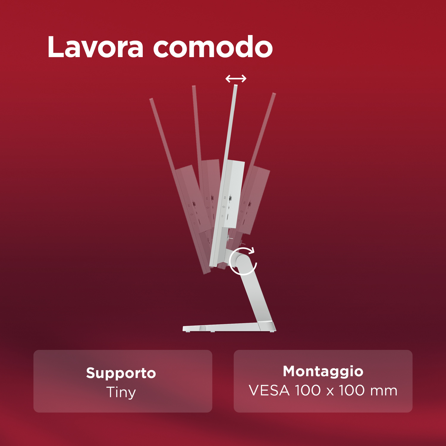Un supporto monitor bianco con attacco VESA 100x100 mm.