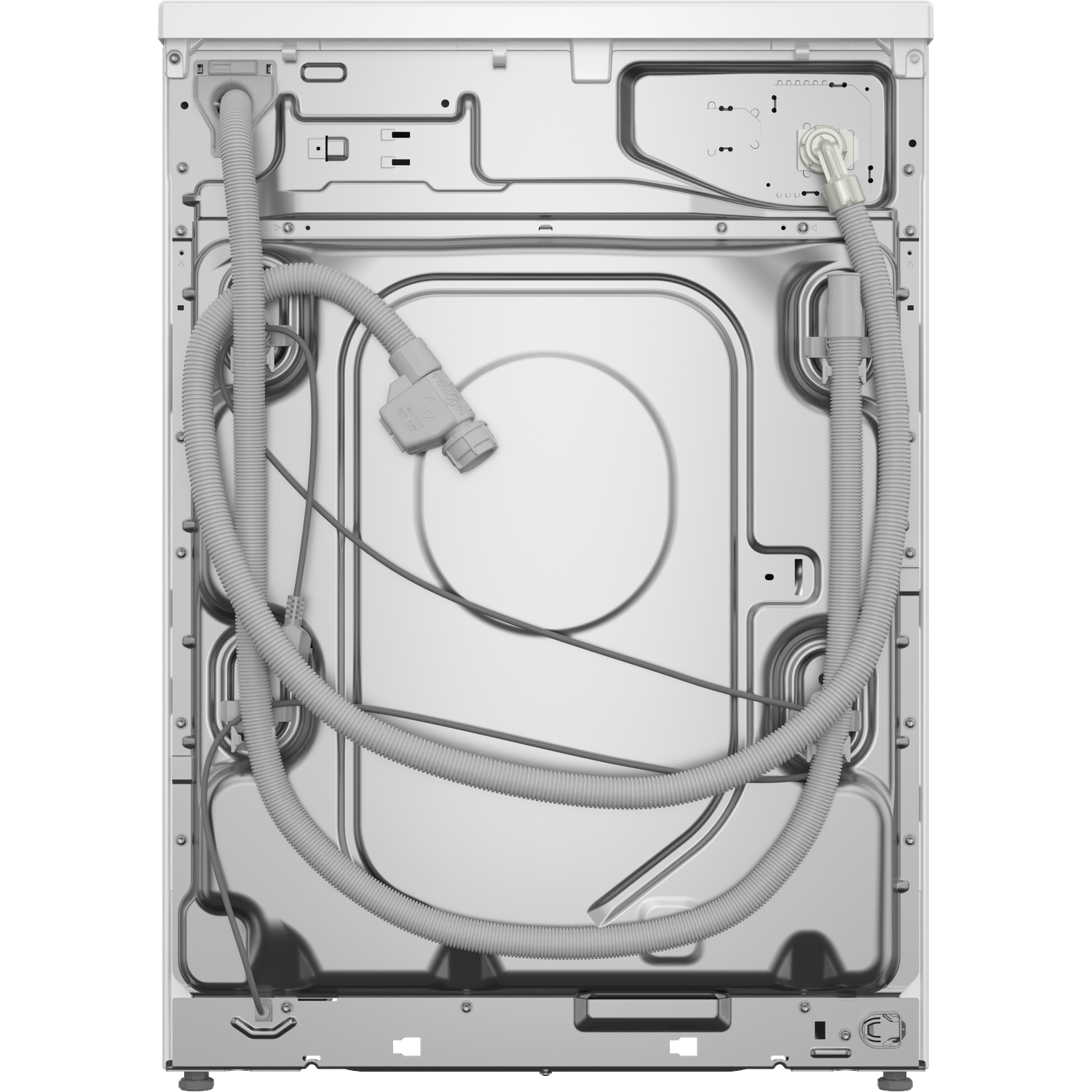 Achterkant van een witte wasmachine met slangen en kabels op het metalen oppervlak.