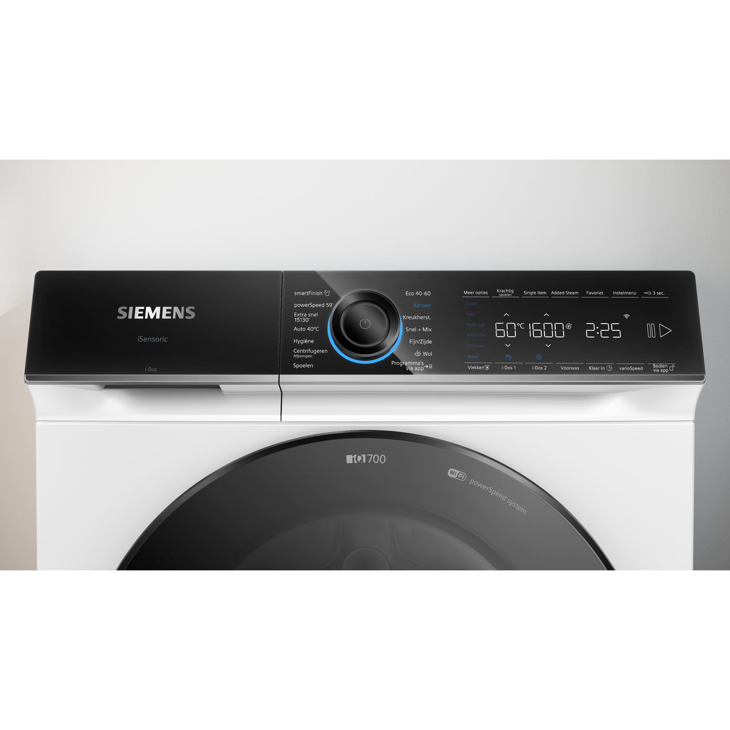 Bedieningspaneel van een witte Siemens wasmachine met zwart display.