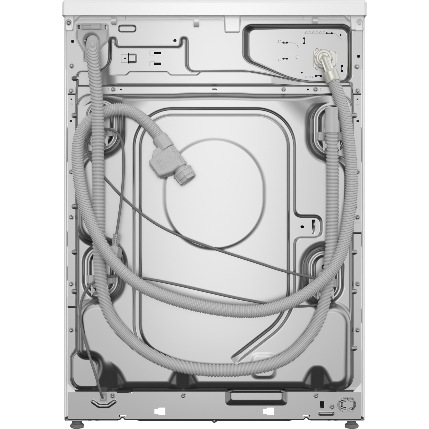 Achterkant van een witte wasmachine met slangen en aansluitingen.
