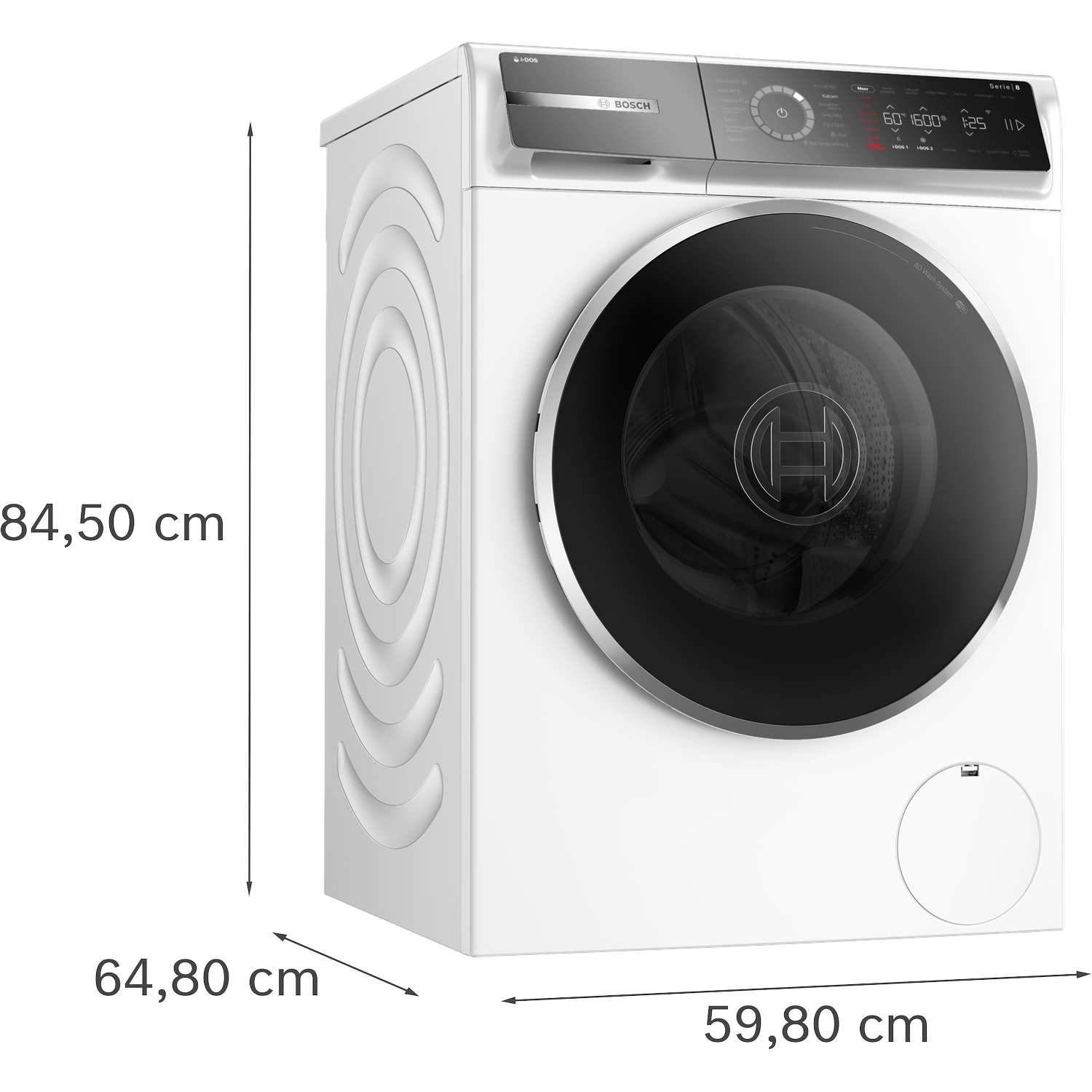 Witte Bosch wasmachine, vooraanzicht, met afmetingen: H 84,5cm, D 64,8cm, B 59,8cm.