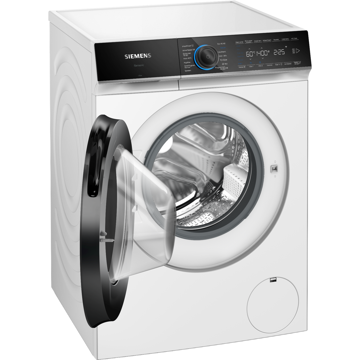 Een witte Siemens wasmachine met open deur en bedieningspaneel.