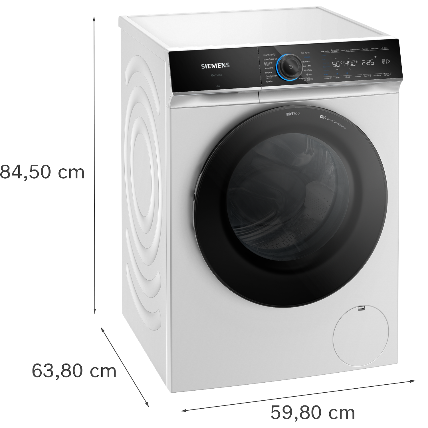 Witte Siemens wasmachine met zwart deur en bedieningspaneel. Afmetingen getoond.