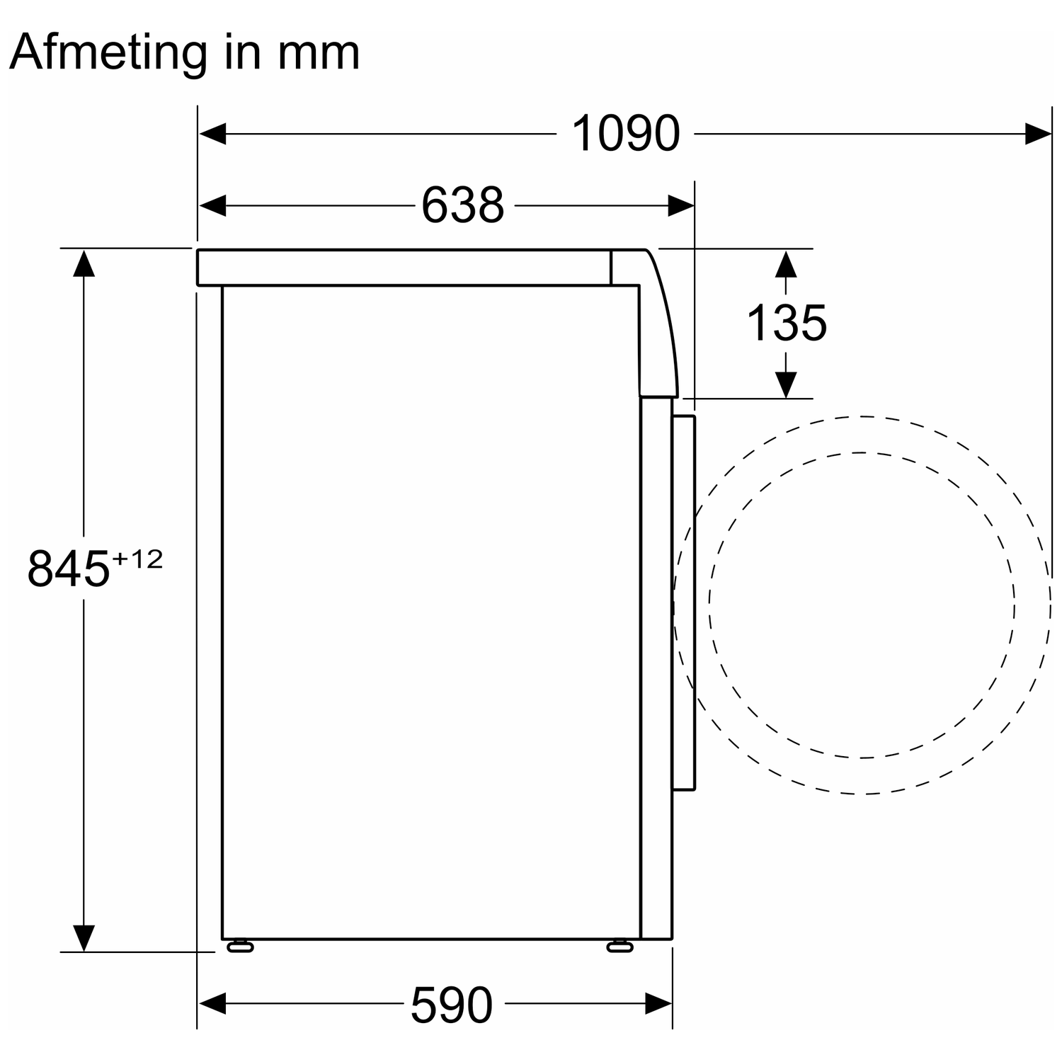 Technische tekening met afmetingen: Hoogte 845+12, Breedte 638, Diepte 590, 1090.