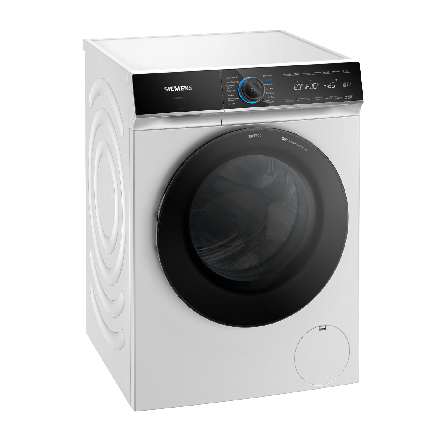 Een witte Siemens wasmachine met een zwart deur en digitaal display.