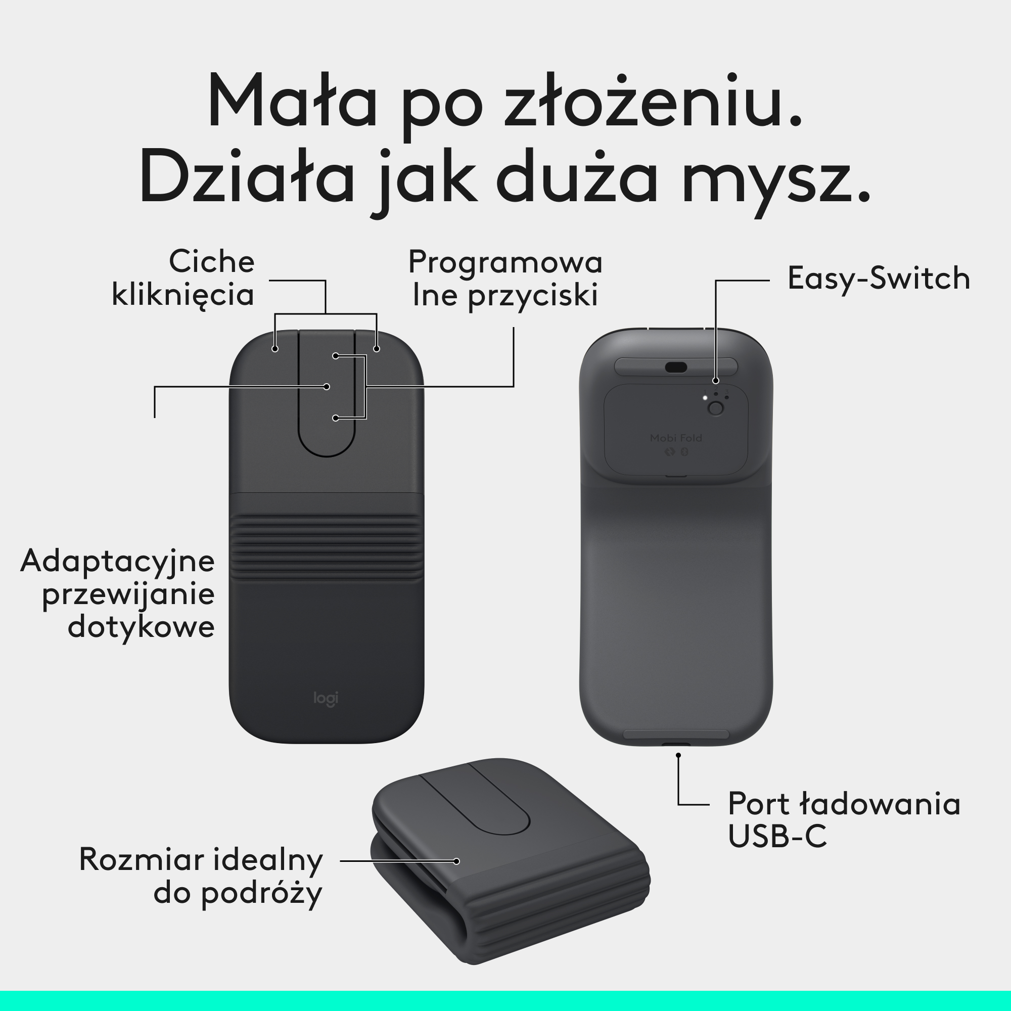 Szara składana mysz z etykietami do cichych kliknięć, programowalnych przycisków i portu USB-C.