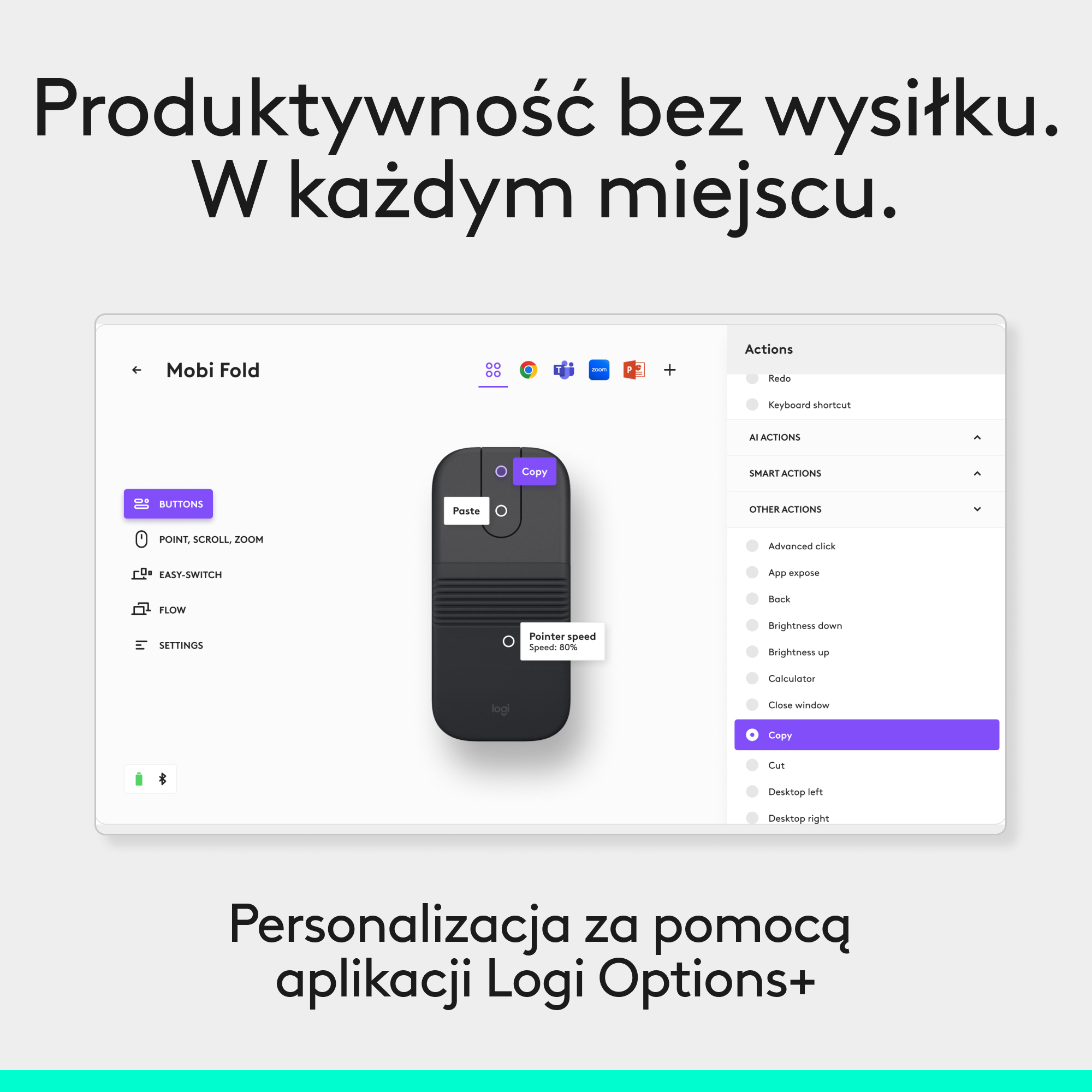 Aplikacja Logi Options+ pokazuje mysz z konfigurowalnymi przyciskami i akcjami.