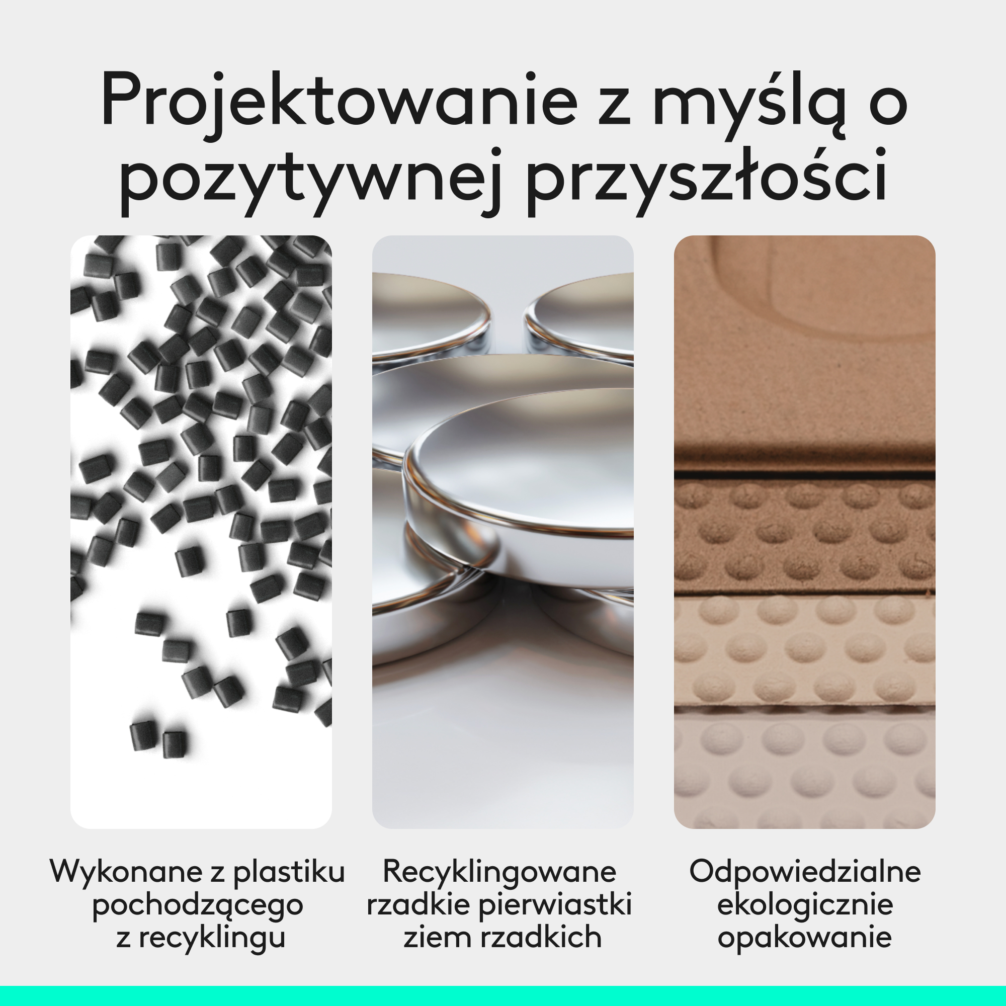 Trzy obrazy pokazują: czarne granulki plastiku, srebrne miski, brązowe opakowanie.