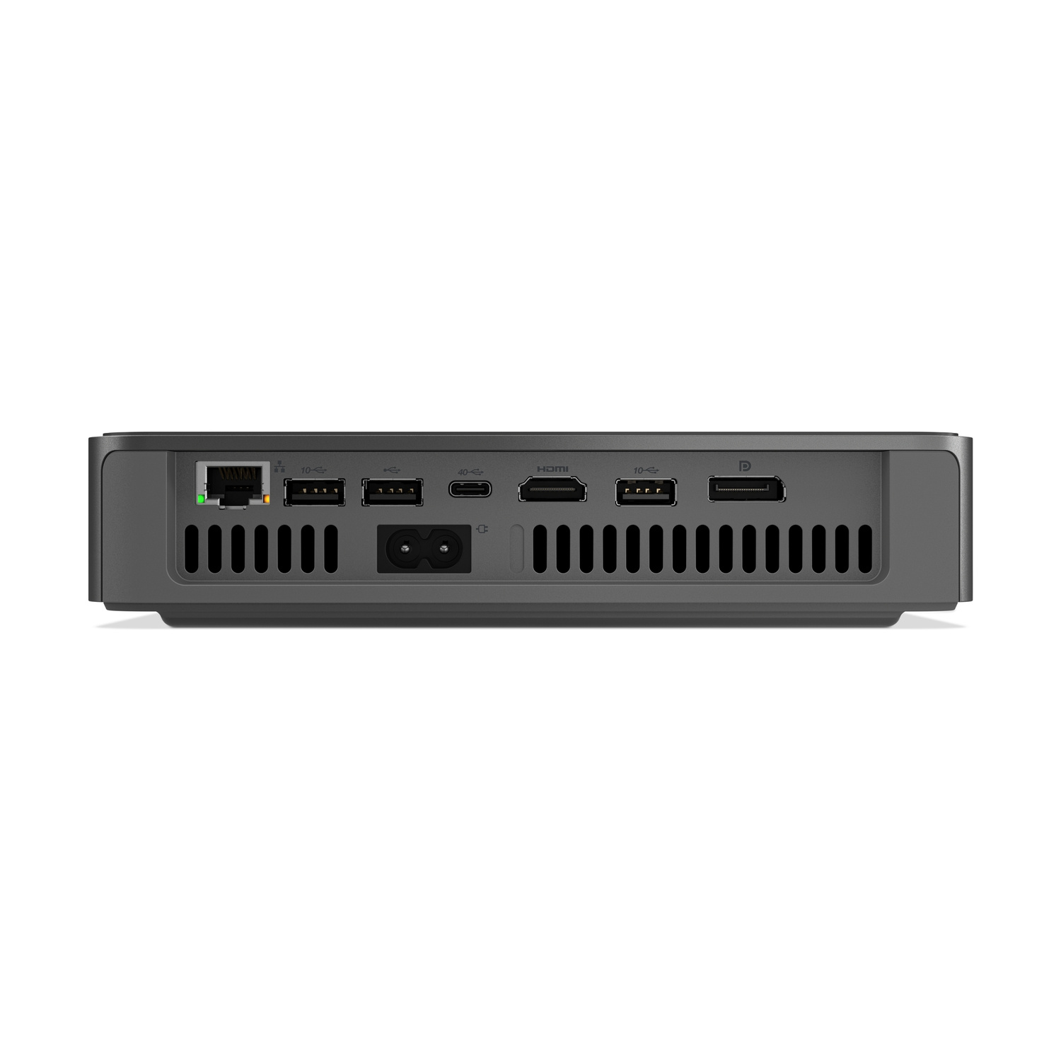Retro di un computer grigio: Ethernet, USB-A, USB-C, HDMI, porta di alimentazione.